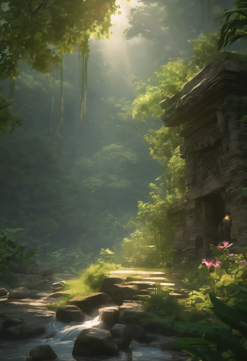 Heavy rain is a stunning close-up ， (tmasterpiece: 1.3), (8K, realistically, RAW photos, Best quality: 1.4), Damp rainat a forest,at a forest,jungles，There is heavy rainfall，Mono Color，Surrounded by vines，giant and wet trees，(jungles阴暗潮湿:1.8),There are swamps on the ground,There was an air of obstruction in the woods，Spooky poisonous bugreathtaking at a forest scene，Tall trees stretch out to the sky，sunshines through the leaves，Cast a golden glow on the at a forest floor。Stream flowing over mossy rocks，Create a peaceful atmosphere。Delicate branches decorated with vibrant flowers and leaves，Add a touch of color to your scene。Fireflies dancing in the air，Soft light illuminates the surroundings。Soft melody fills the air，Butterflies dance among the flowers.。in the complex、This mesmerizing moment is captured in high-quality illustrations，and pay attention to the finest details and realistic shadows,((郁郁葱葱的jungles / oases / desert island / temple ruins)), , Evocative pose, iintricate, The content is very detailed, Anders Zorn, Sophie Anderson, Leah Kuvkhinov