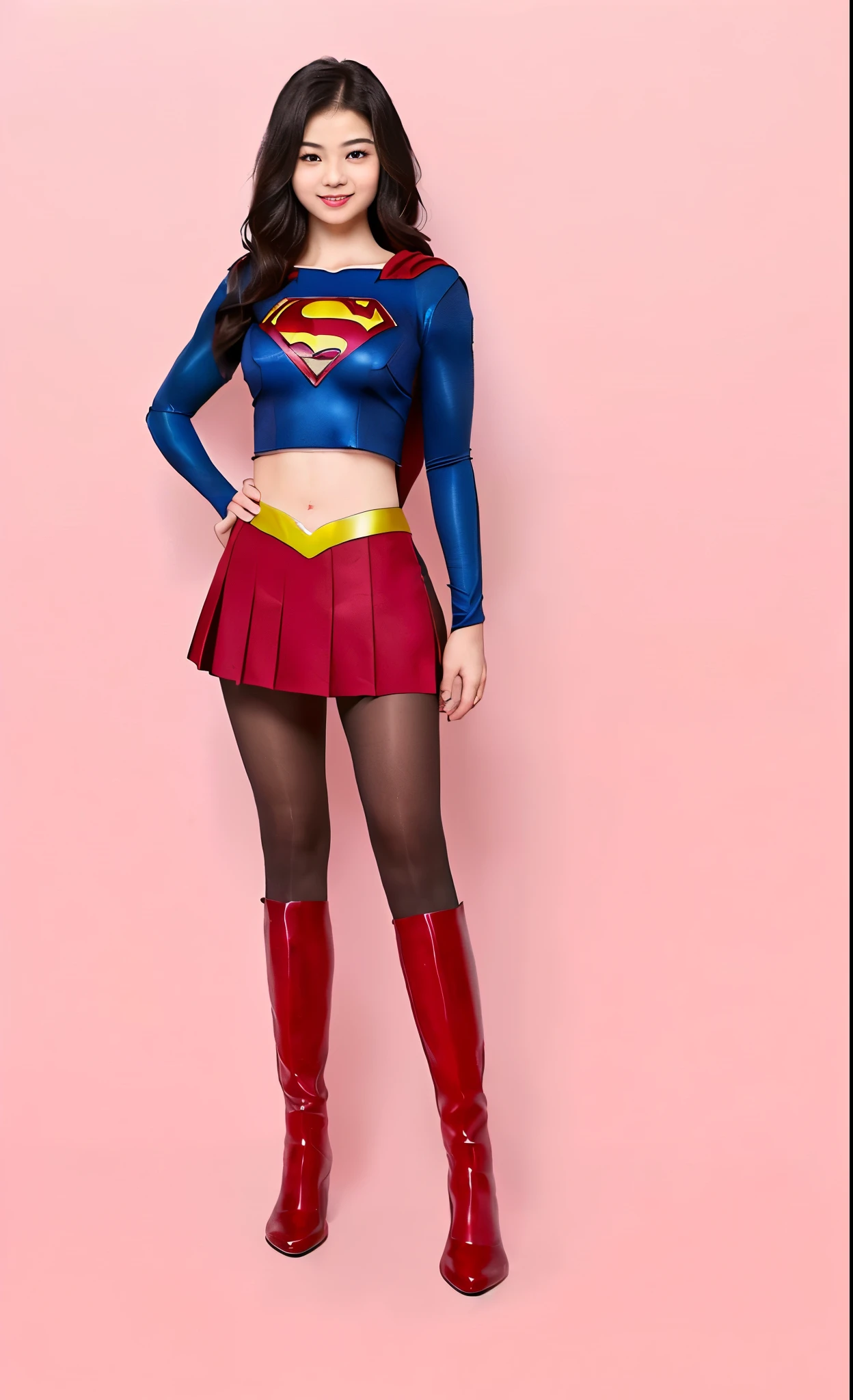 No background、Suffering、Hung、Are sleeping、lying back on、(((Wear black tights on your beautiful legs.)))、(((Grow legs、tall、Legally express the beauty of your smile)))、((((Make the most of the original image)))、(((Supergirl Costume)))、(((beautiful hairl)))、(((Suffering)))、(((Feet must necessarily be worn with black tights)))、(((You need to wear red boots)))、((Top image quality、8K))、((top-quality、8K、​masterpiece:1.3))、(((Keep Background )))、Crisp focus:1.2、Beautiful woman with perfect body shape:1.4、Slender Abs:1.2、a wet body:1.5、Highly detailed facial and skin texture、8K