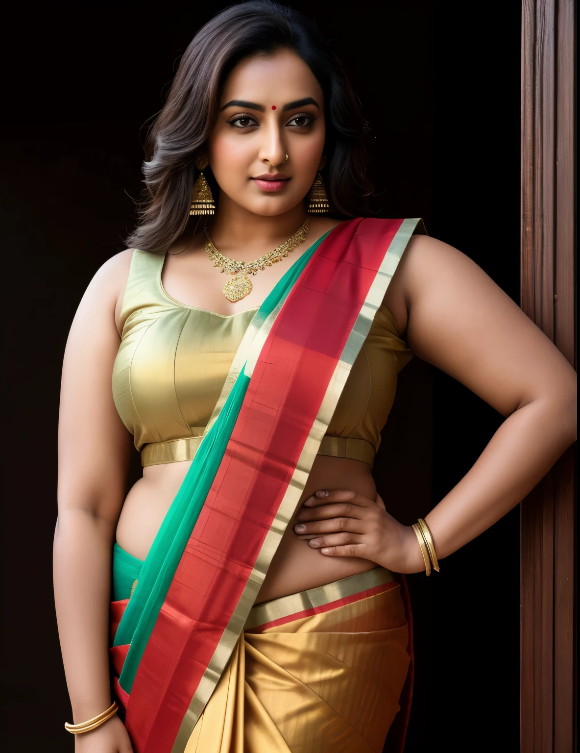 Foto RAW, photorealistic, photography, full body shot, master shot, perfect eyes, goddess like beauty, perfect thick chubby mallu Desi aunty bhabhi, Wearing a Stanapatta, a chest-band.Saree model, model Photography, Indian saree shoot, Indian traditional wear advertising photography, traditional wear brand shoot, face of Indian actress Sonakshi Sinha, masterpiece, realistic, realism, incredible details, pleasure, photorealism, detailed skin, skin pores, high contrast, photorealistic Artstation 8k HD digital art trend of high definition and detailed realistic skin texture, ultra detail, realistic skin texture, armature, best quality, ultra high definition, (photorealistic:1.4),, high resolution, detail, raw photo, Re sharp, by Lee Jefferies Nikon D850 Film Stock Photo 4 Kodak Portra 400 Camera F1.6 Lens Rich Color Ultra Real Realistic Realistic Textures Dramatic Lighting Unreal Engine Trending at Art Station Cinestill 800,(pele altamente detalhada: 1.2), 8k UHD, DSLR, soft-lighting, alta qualidade, grain of film, Fujifilm XT3,she didn't like to wear blouse or bra, she happy to wear only saree, she hates blouse or bra, detailed hairy armpits,