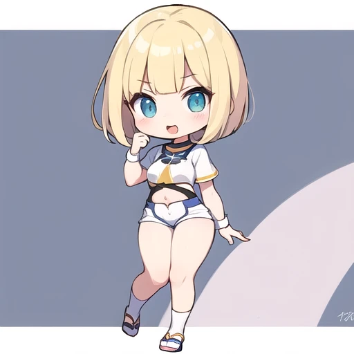 Chibi、cute female professional wrestler、a blond、bob cuts、White costume、Shorts that show the base of your legs、navel cutout