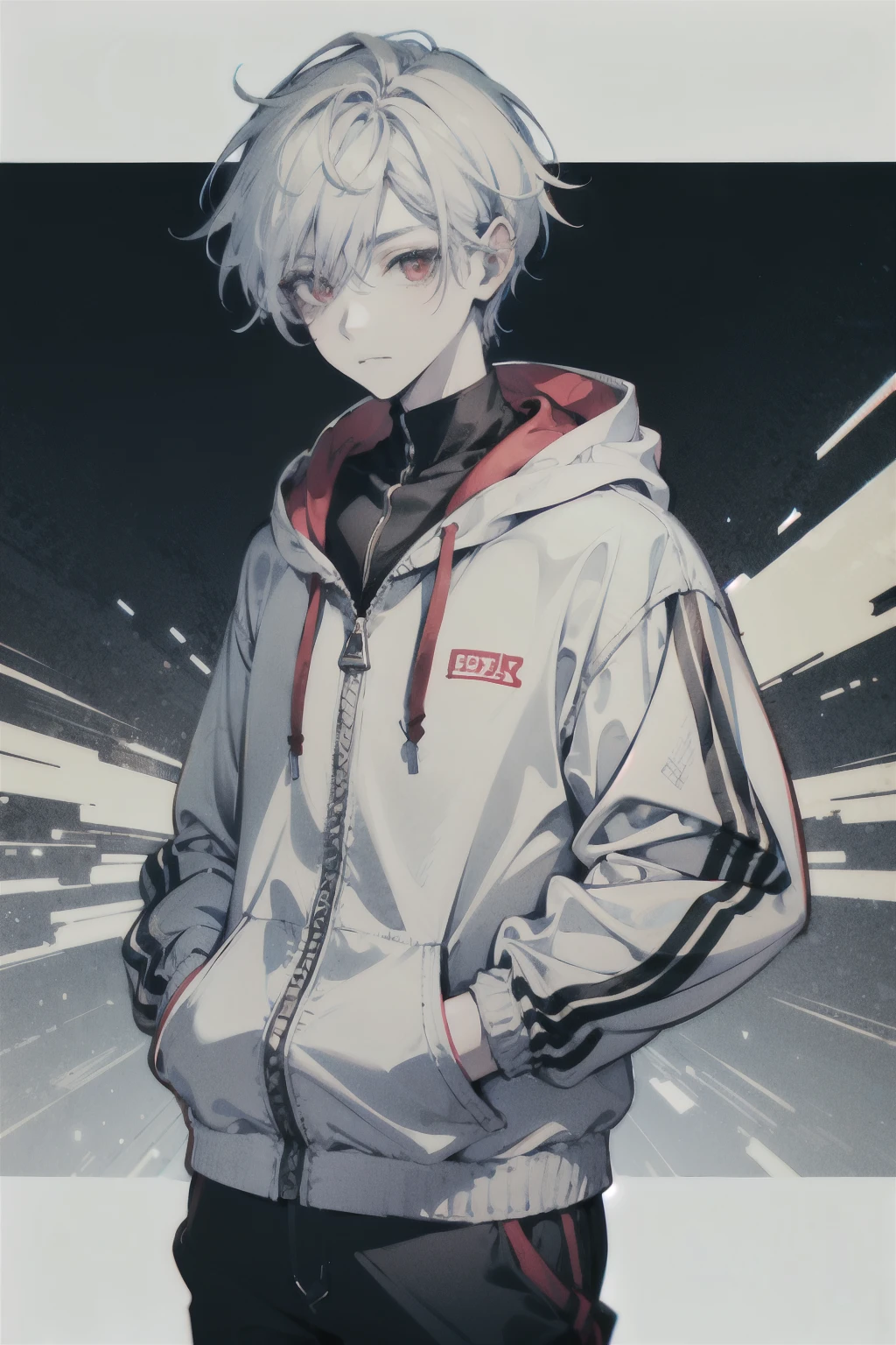 boy, with red eyes and neutral expression, wearing a white hoodie, short hair, pale skin and white hair, on a gray background, looking directly at the viewer with his hands in his pockets.