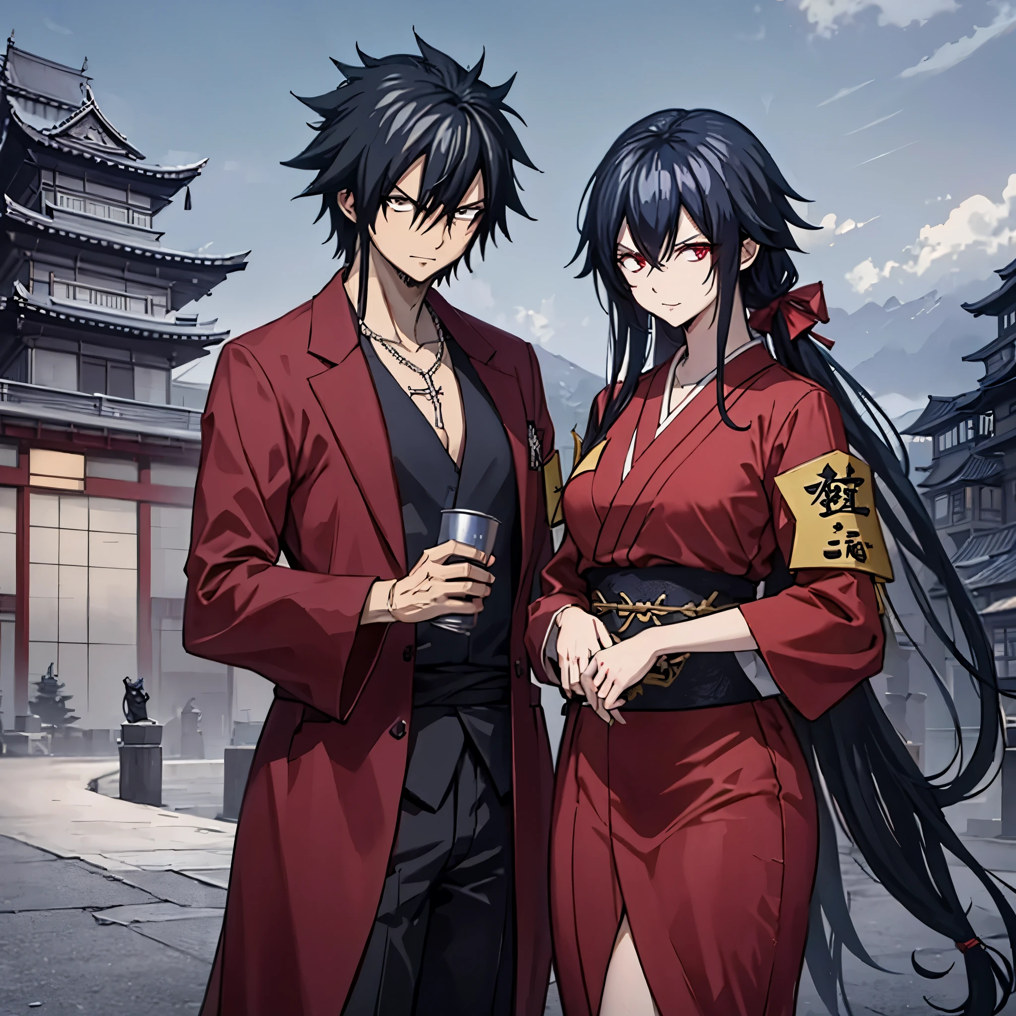 gray fullbuster using wearing heavy samurai armor next to a woman (eye red) sorridente in a red kimono in a in a Japanese autumn garden
