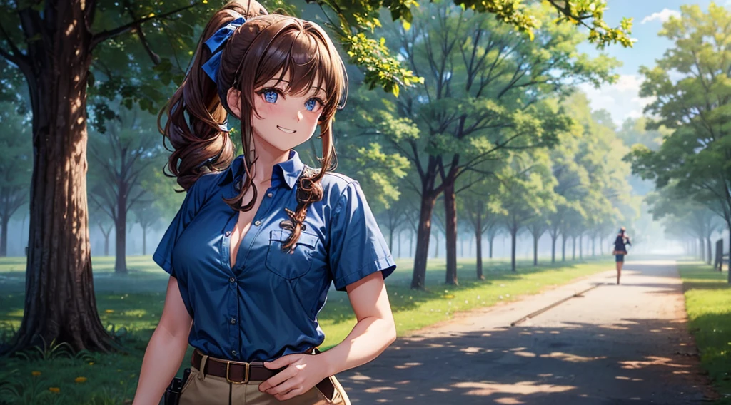 1girl, solo, village, trees, brown hair, long hair, curly hair, ponytail, large breasts, button down shirt, police, gun, ((blue shirt)), ((unbuttoned shirt)), ((short sleeved shirt)), blue eyes, grin, looking at the viewer, standng, hair ribbon