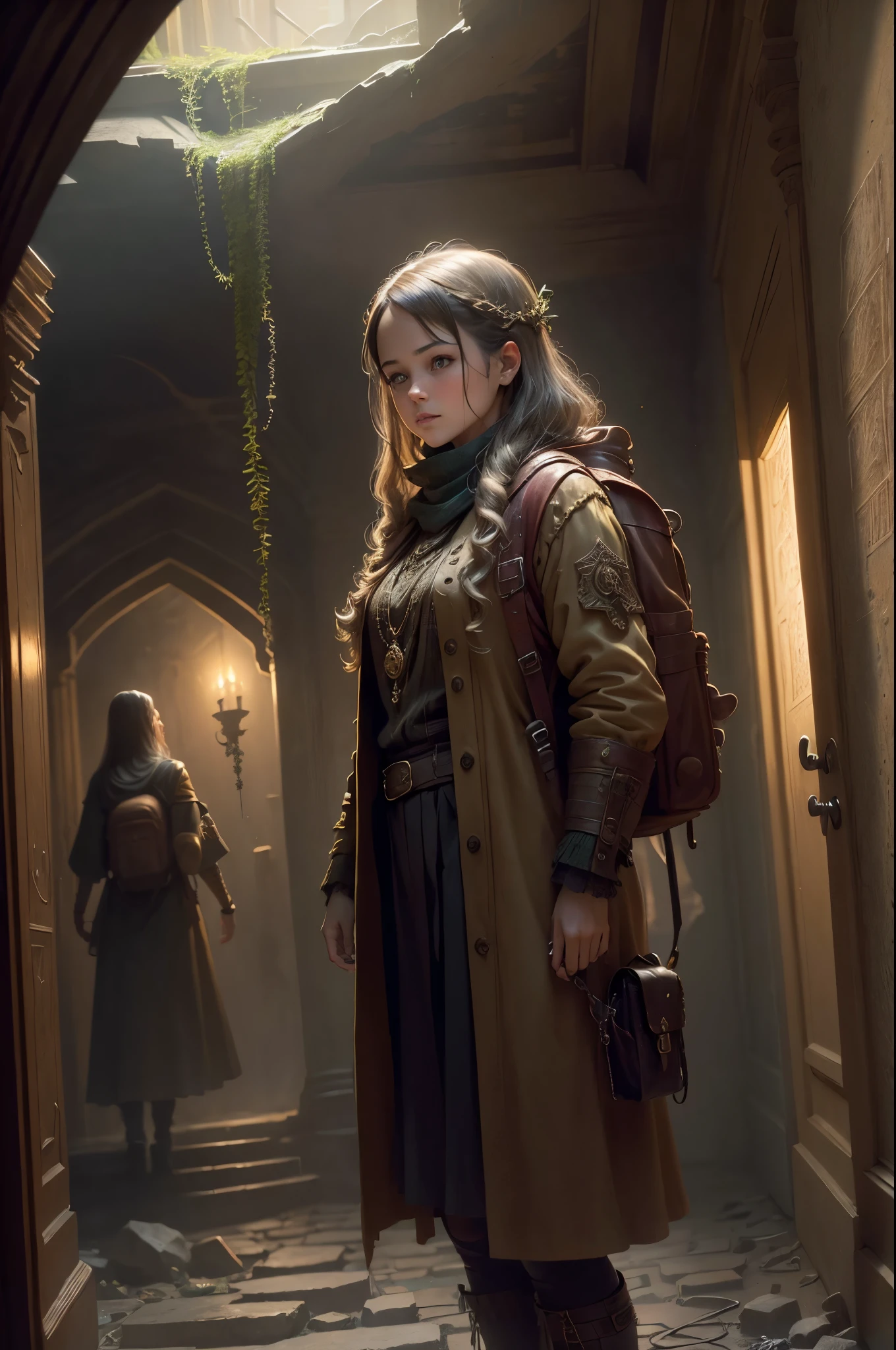 A girl exploring the mysterious ancient relics, holding a map, wearing a backpack with a flashlight; detailed carvings, ancient writings; aged and weathered walls with moss and ivy; dusty and dimly lit corridors; hidden chambers behind secret doors; intricate mechanisms and gears; mystical symbols and artifacts; ornate treasure chests and jewelry; antique statues and idols; ancient ruins and crumbling architecture; golden sunlight peering through cracks; soft and eerie glow of candlelight; hauntingly beautiful shadows and reflections; remnants of forgotten civilizations; archaeological adventure; Indiana Jones-style exploration; dark secrets waiting to be discovered; ancient curses and legends; suspense and anticipation; the thrill of unraveling the past.
(best quality,4k,8k,highres,masterpiece:1.2),ultra-detailed,(realistic,photorealistic,photo-realistic:1.37), antique, ancient, historical, immersive, atmospheric, mystical, enigmatic, adventurous, suspenseful, haunting, intriguing, hidden, secret, exploration, discovery, treasure hunt, puzzle-solving, archeology, artifact, ruin, relic, chamber, mechanism, gear, symbol, writing, carving, statue, idol, treasure, jewelry, map, backpack, flashlight, wall, moss, ivy, dust, dim light, corridor, door, sunlight, candlelight, shadow, reflection, civilization, adventure, Indiana Jones, curse, legend, suspense, thrill, unraveling, past, girl, expression, eyes, nose, lips, exterior, mood, clothing, posture, perspective, action, background.