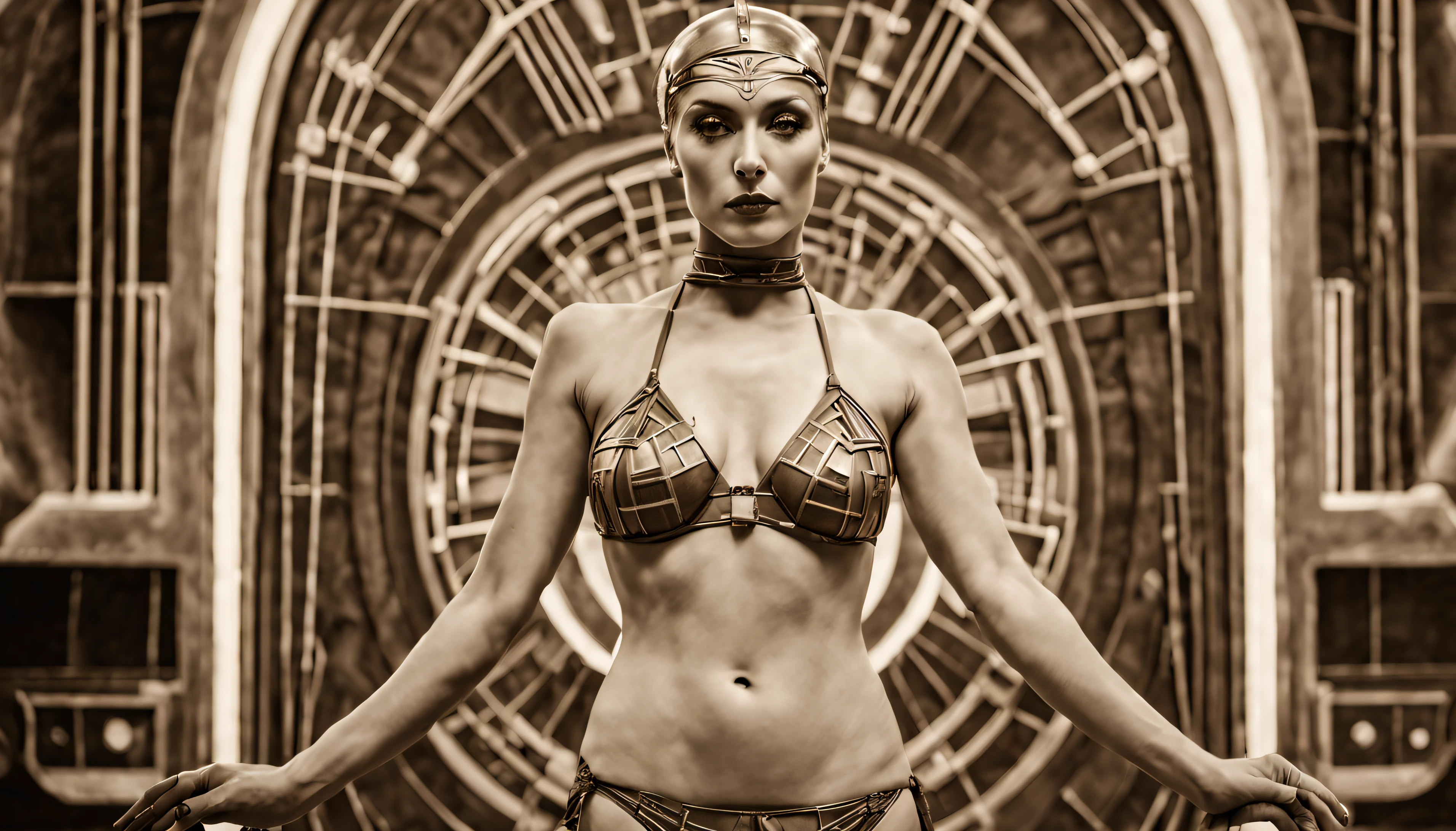 Front view, ((Very old photograph only in sepia color)), in full medium shot, scenes of a beautiful woman in a Vitruvian man model by Leonardo Davinci in a Tron cinematic universe, Estilo preto, ((hottie dressed in neon retrofuturism bikini)) inspirado em Fritz Lang, ambiente composto por ((art deco with symmetrical geometric designs)), intrincado Details, from the film Metropolis, inspired by Fritz Lang's Metropolis, ((period makeup from the 1920's)). Dirigido por Fritz Lang. retrofuturismo, 1920's, old science fiction film, ((cinematic film)), ultra detalhado, Chiascuro, intrincado, foco nítido, 1920's Object Texture, studio photography, , altamente detalhado, Foto estilo real, hiper-realista , high dynamic range, B&em, texturas realistas, 8k UHD, Nikon D 850 |, Portra Kodak 400, fujifilm XT |, 3D rendering