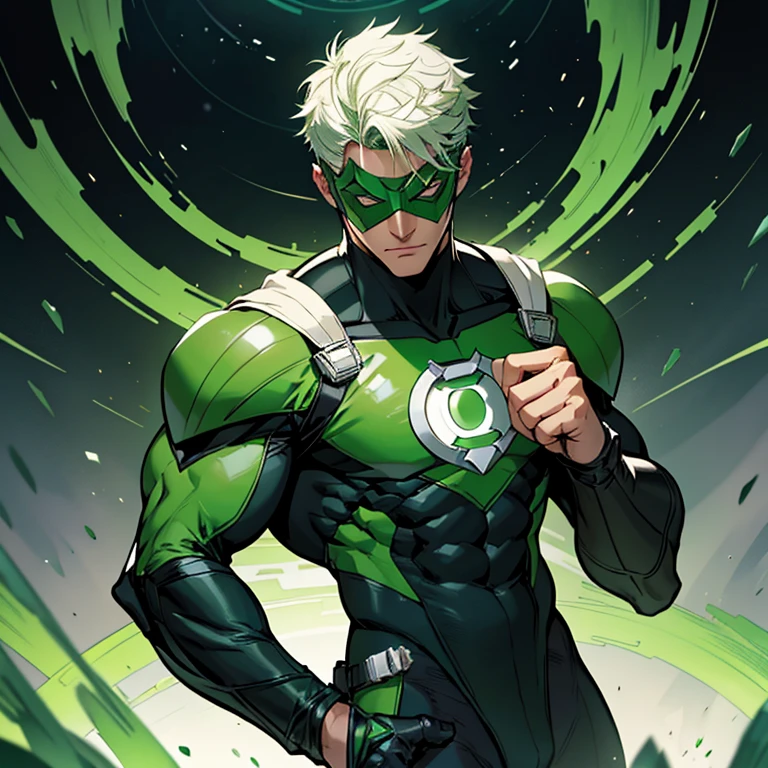 Green lantern, dc comics, green eyemask, white grove, black bodysuit, green armor, green armor, wears a green ring on the middle finger of his right hand.
