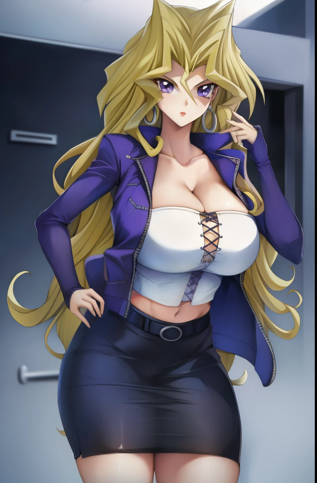 (masterpiece, best quality),  intricate details
 1girl,   mai valentine, long hair, blonde hair, jewelry, purple eyes, earrings, makeup, huge breasts, white cross-laced croptop, purple jacket, black pencil skirt, cleavage