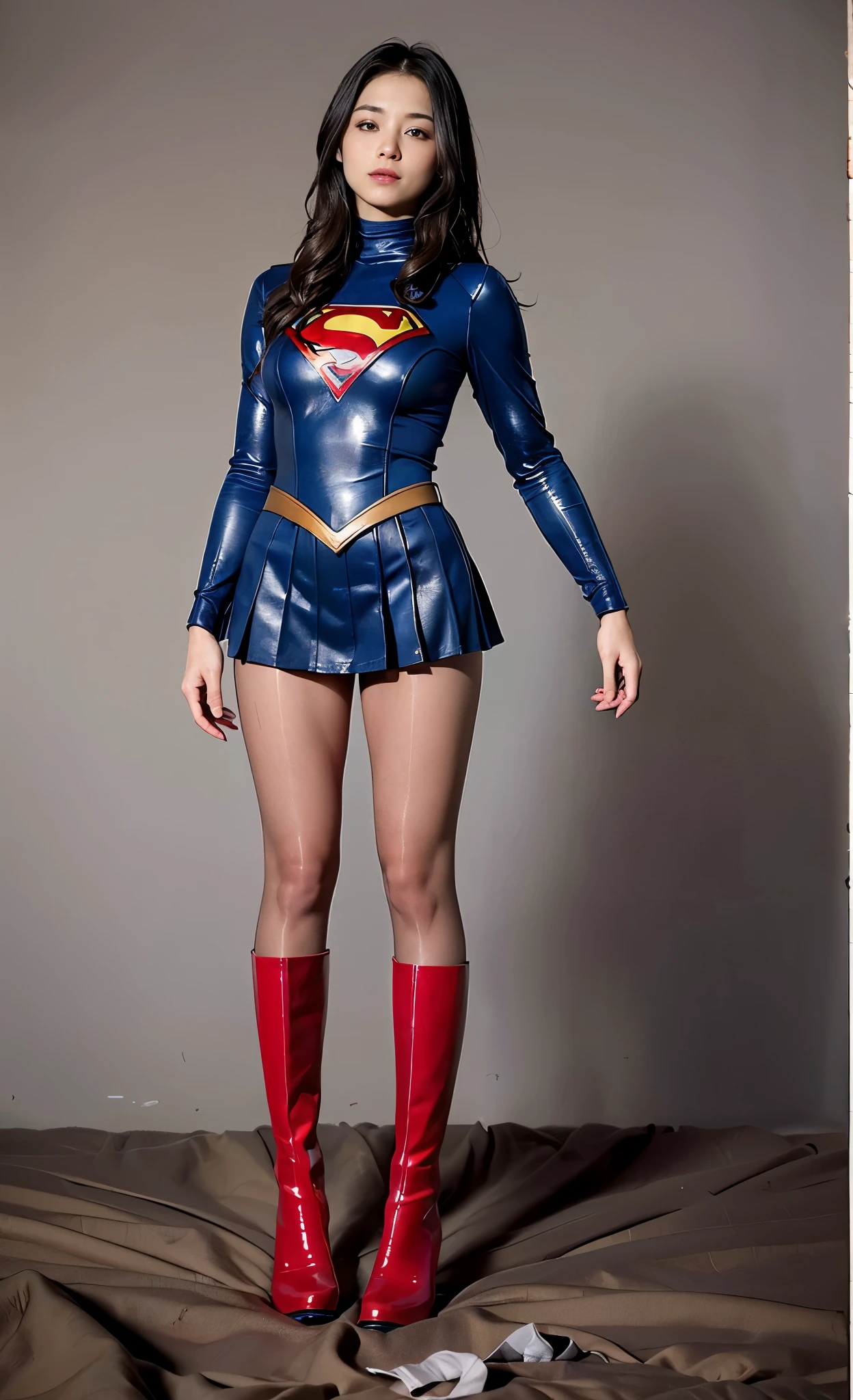 No background、Suffering、Hung、Are sleeping、lying back on、(((Wear black tights on your beautiful legs.)))、(((Grow legs、tall、Legally express the beauty of your smile)))、((((Make the most of the original image)))、(((Supergirl Costume)))、(((beautiful hairl)))、(((Suffering)))、(((Feet must necessarily be worn with black tights)))、(((You need to wear red boots)))、((Top image quality、8K))、((top-quality、8K、masterpiece:1.3))、(((Keep Background )))、Crisp focus:1.2、Beautiful woman with perfect body shape:1.4、Slender Abs:1.2、a wet body:1.5、Highly detailed facial and skin texture、8K