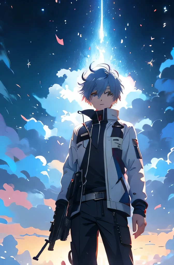 anime boy with gun and cigarette in hand against cloudy sky, Image inspired by Yumihiko Amano, trending on pixiv, conceptual art, anime boy, Nagisa Kavoru, young anime man, Male anime characters, guweiz, guweiz on pixiv artstation, Seroshan, Asthetic Anime