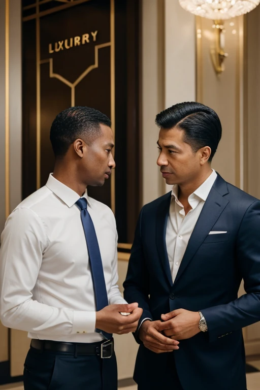 two executives discussing work during a meeting in the lobby of a luxury hotel