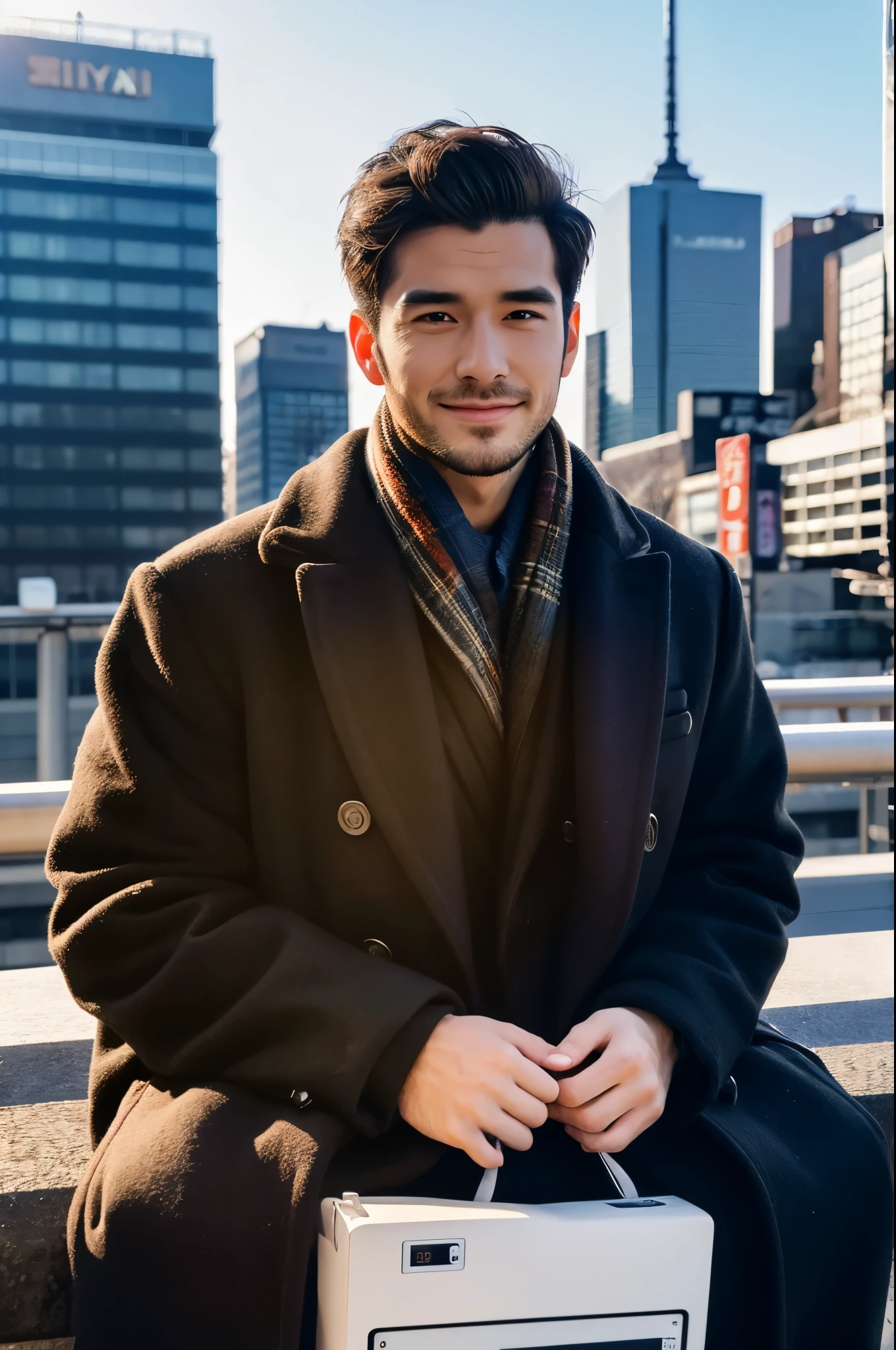 Photorealsitic, 8K full body poster, a handsome, a 25-year-old man, A charming expression, detailed face details, TOKYOcty, Winters, Shibuya in the background
