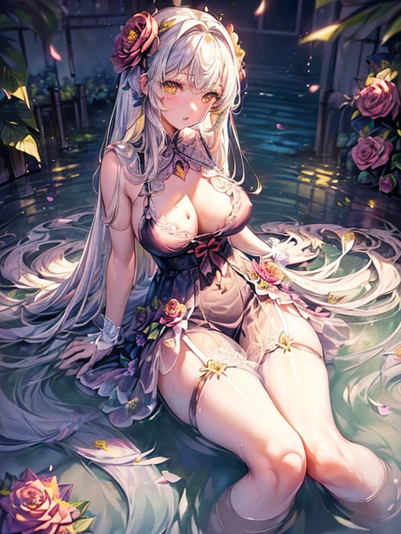 ((Finest quality)),(超A high resolution),(Ultra-detailed細),(Meticulous portrayal),((the most picturesque works of art),Ultra-Precision Art,The art of astounding depiction,Fantasyart:1.5, ((((Beautiful flowers々:1.5))), ((Body eroded by flowers:1.3)),Glamorous body:1.3,fancy background effects、masterpiece、Fancy details、(NSFW 1.1), ((1girl in)), ((masutepiece)), ((Highly detailed:1.3)), In crystal clear water,beautiful woman entering the lake, ((long yellow hair)), Wet hair, Wearing a light transparent dress, clothed bathing, steam, (Rose petals floating in water:1.3), Early morning light, Ivory Gold AI, windows, Crepscular lighting, 、Lace sheer underwear、very very gigantic boobs、Pink nipples、pink areolae,透けて見えるPink nipples、透明なpink areolae、lace and string shorts.、princess carry,Sexy lingerie with lace and strings,See-through sexy lingerie,Transparent lingerie、translucent dress、pearlsescent、pearls、Sexy Harness、Sexy garter belt、Sexy Stockings、Well equipped,intimate, rose garden、Multicolored roses、lake with floating roses、Lying down、Open legs、Spread your legs、Open thighs、Immersion in water、Wet body、splash water、gorgeous flower decoration、big flowers、stylish hair、Moon, lantern, Night, Solo, playing in the water, Water, hair flower, flower, Outdoors, skyporn, full Moon, Rain, lantern, wet clothes, skyporn, wet hair (((masutepiece),(the Extremely Detailed CG Unity 8K Wallpapers),Best Quality,Cinematic lighting,Detailed background,Beautiful detailed eyes,Bright pupils, (extremely delicate and beautiful),(Beautiful and detailed eyes description), Ultra-detailed,masutepiece,)),((Yellow eyes))、