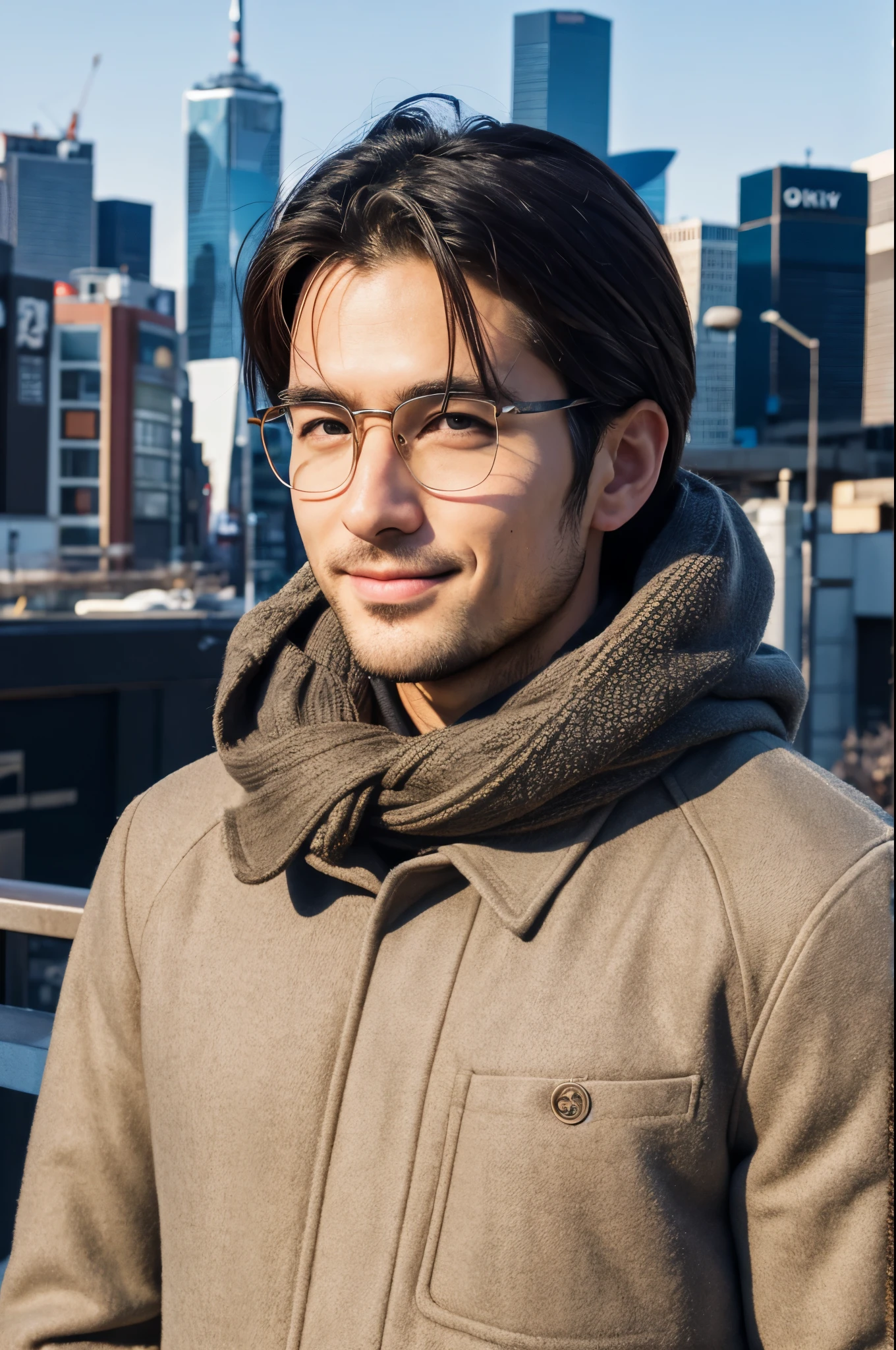 Photorealsitic, 8K full body poster, a handsome, a 25-year-old man, A charming expression, detailed face details, TOKYOcty, Winters, Shibuya in the background