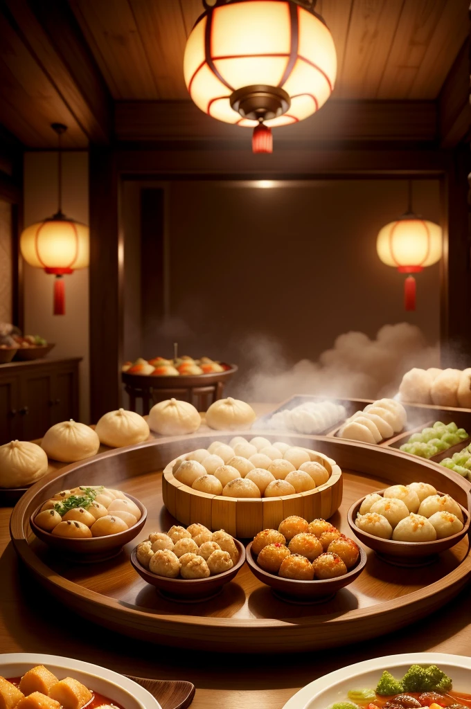 a table covered with various types of dumplings, including steamed, fried, and soup-filled ones, bamboo steamers filled with dumplings, mouthwatering aroma, colorful fillings and wrappers, intricate folds and pleats, handcrafted delicacies, tantalizing dipping sauces, family gathering around the table, satisfied expressions, authentic Chinese cuisine, vibrant colors, dim sum feast, traditional culinary artistry, fine dining atmosphere, soft lighting, rich flavors, high-quality ingredients, exquisite presentation, skilled chefs, unique and flavorful combinations, cultural heritage