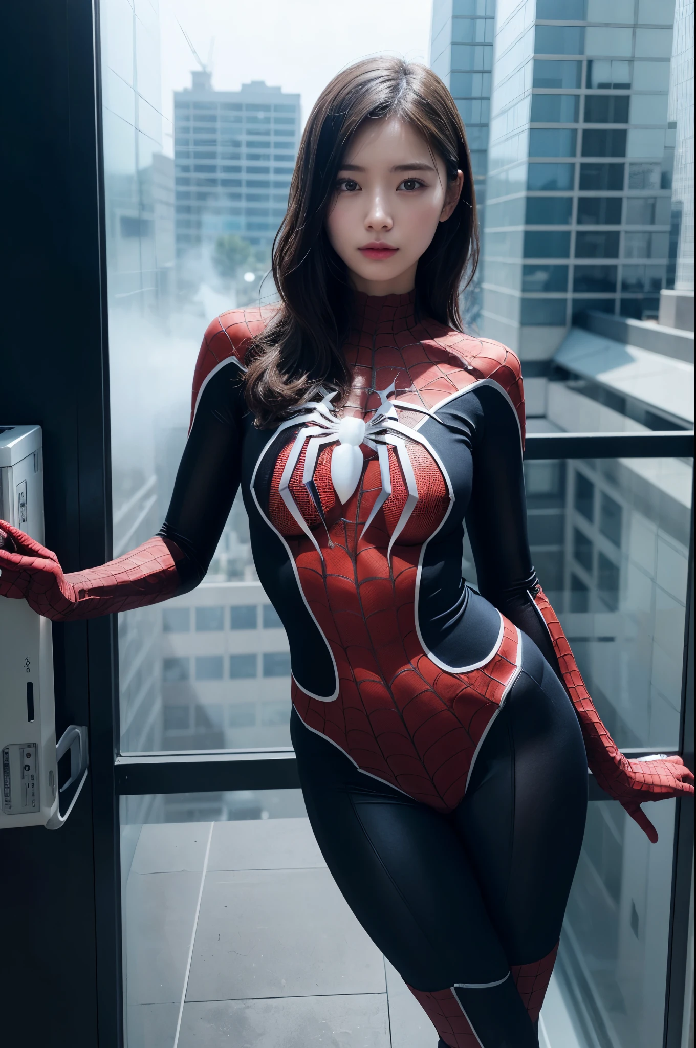 (1girl in:1.3), Solo, (((Highly detailed face)))), ((Very detailed eyes and face))))), Beautiful detailed eye, Body parts__, Official art, Integrated 8K wallpapers, A highly detailed, Beautiful and Beautiful, Beautiful, ?masutepiece, best qualtiy, Source, ?masutepiece, Ultra Fine Photography, 最hightquality, 超A high resolution, Realistic realism, sunlights, portrait of a full body, stunning beauty, Dynamic Pose, delicated face, Vivid eye rom front), She wore a Spider-Man suit, Red and black color scheme, spider, A highly detailed都市の屋根の背景, roof-top, Rooftop overlooking the city, Detailed face, Detailed complex busy background, Messy and gorgeous, Milky, Very detailed skin, Realistic skin details, Visible Pore, foco nítido, Volumetric fog, 8K UHD, Digital SLR, hightquality, Film grain, Fair skin, photorealisim, Lomography, Futuristic dystopian megalopolis, Translucency,