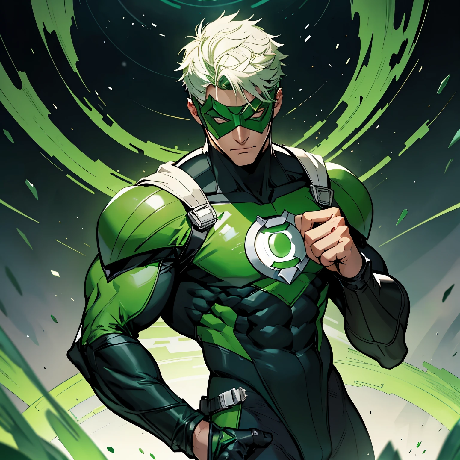 Green lantern, dc comics, green eyemask, white grove, black bodysuit, green armor, green armor, wears a green ring on the middle finger of his right hand.