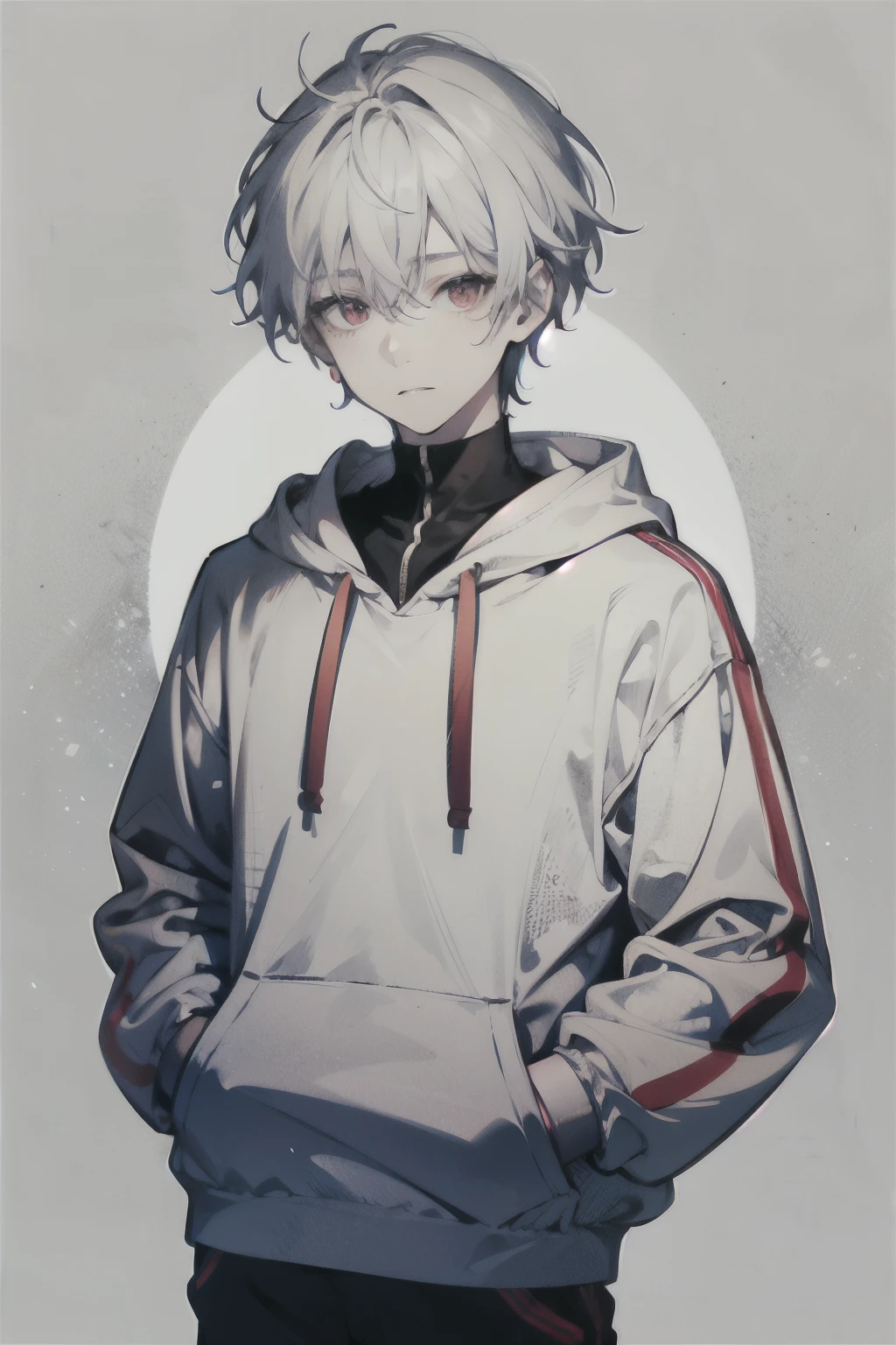  boy, with red eyes and neutral expression, wearing a white hoodie, short hair, pale skin and white hair, on a gray background, looking directly at the viewer with his hands in his pockets.