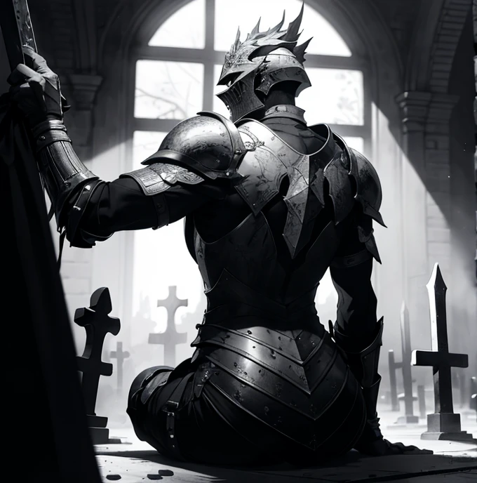 Black armor、armor, European armor, Male Focus, Sword and shield, knight, monochromes, helmet weapon, sitting on lap, (graveyard)
BREAK
greyscale, Full body, (Back view:1.3), Solo,
BREAK
absurdres, hight resolution, ultra-detailliert, (1male people:1.3),
BREAK
, low-key lighting, moody ambiance, darker shadows, subtle highlights, Destroying the mysterious aura
, Chiaroscuro, High contrast, Dramatic shadows, Bold highlights, moody atmosphere, Seductive strength, Expressive brush strokes that break
, photo manipulation, Changed reality, fantastical scenes, Digital Artistry, Creative editing, evocative narratives, striking visuals