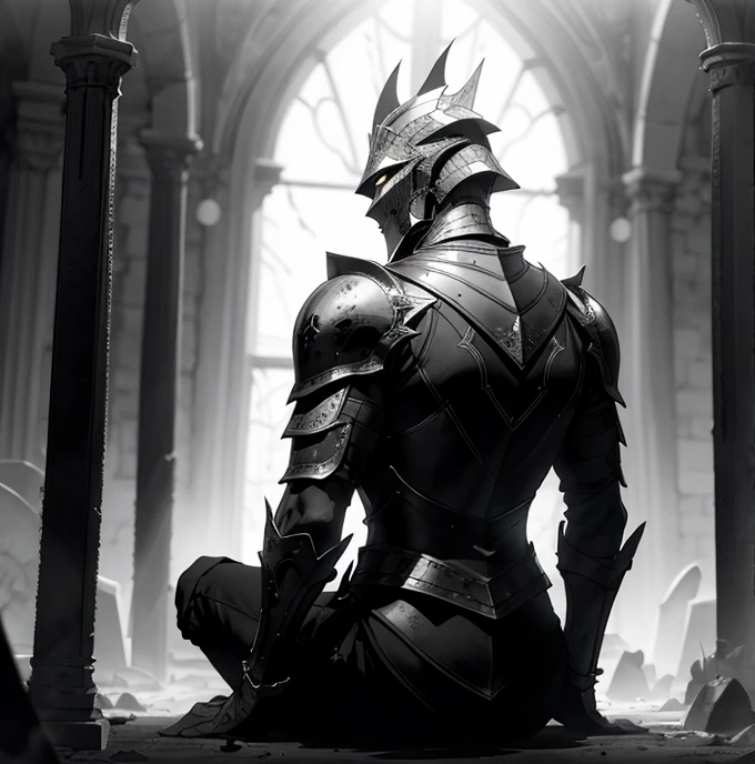 Black armor、armor, European armor, Male Focus, Sword and shield, knight, monochromes, helmet weapon, sitting on lap, (graveyard)
BREAK
greyscale, Full body, (Back view:1.3), Solo,
BREAK
absurdres, hight resolution, ultra-detailliert, (1male people:1.3),
BREAK
, low-key lighting, moody ambiance, darker shadows, subtle highlights, Destroying the mysterious aura
, Chiaroscuro, High contrast, Dramatic shadows, Bold highlights, moody atmosphere, Seductive strength, Expressive brush strokes that break
, photo manipulation, Changed reality, fantastical scenes, Digital Artistry, Creative editing, evocative narratives, striking visuals
