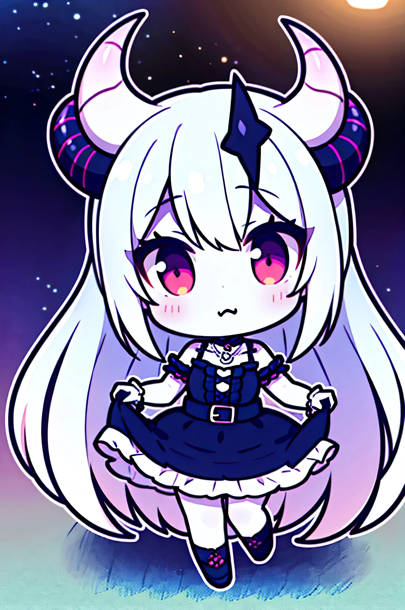 a demon girl with horns and a dress, Goth Outfit, Gothic, Blaue Augen, Blaue Haare, white skin, Kurzer Rock, long stockings, 1Girl, maximal eine Person, Halsband, Nacht, best qulaity, UHD, Detailiert, hight resolution
