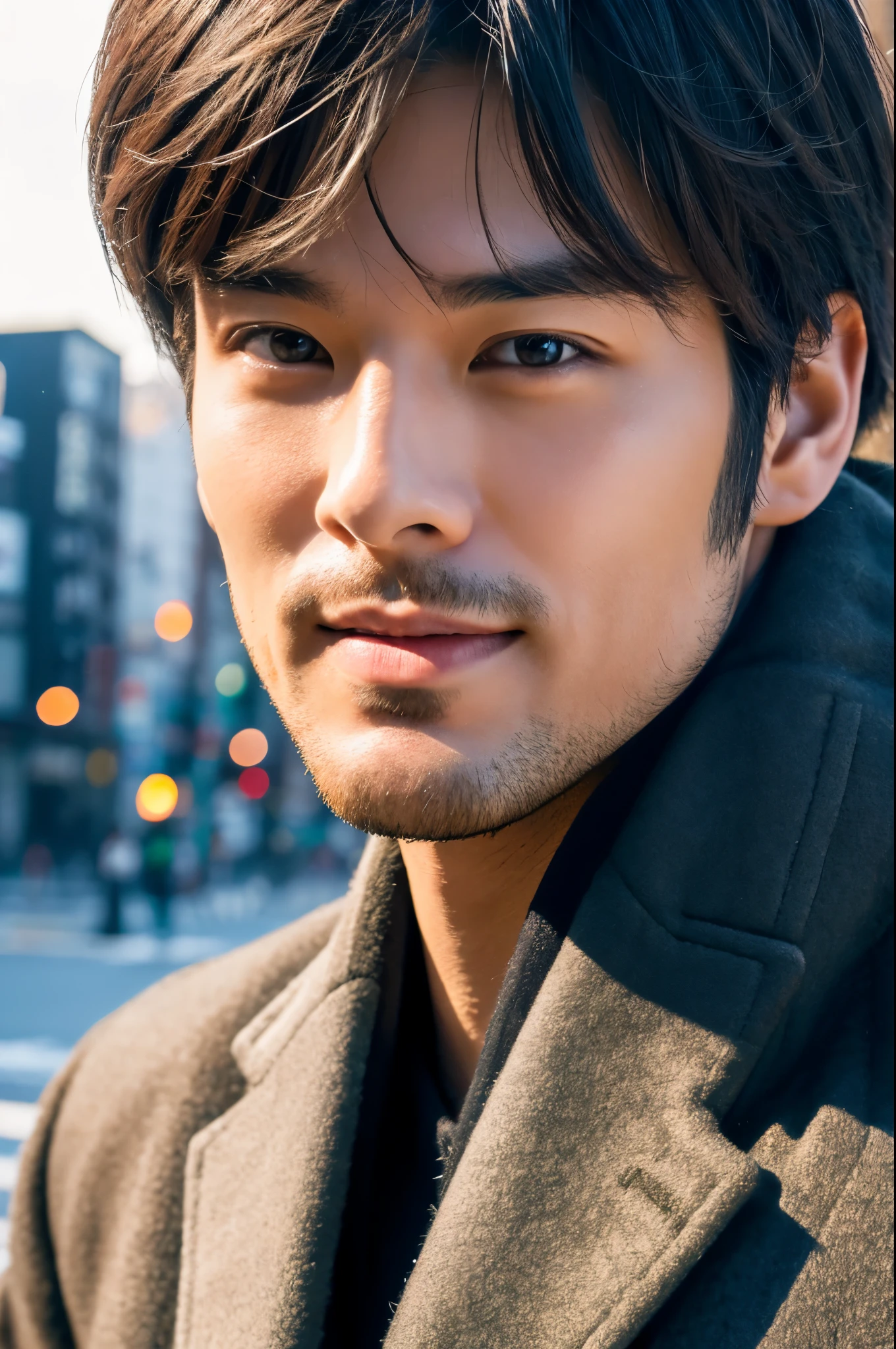 Photorealsitic, 8K full body poster, a handsome, japanes, a 25-year-old man, A charming expression, detailed face details, TOKYOcty, Winters, Shibuya in the background