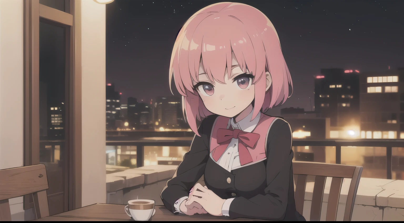 (((master part))), (((best quality: 1.4))), ((Super Detalhe: 1.4)) , 1girl, sitting, front view, ((looking at you)), pink hair, coffee shop, illuminated street, outside, dark night, date night