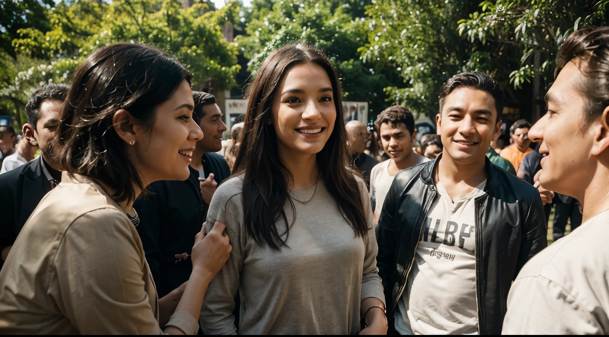 Create a realistic cinematic scene of a person exuding positive energy in a natural setting, surrounded by a varied group of individuals. Candidly capture their interactions and use visual elements to represent the 15 ways to attract the right people.