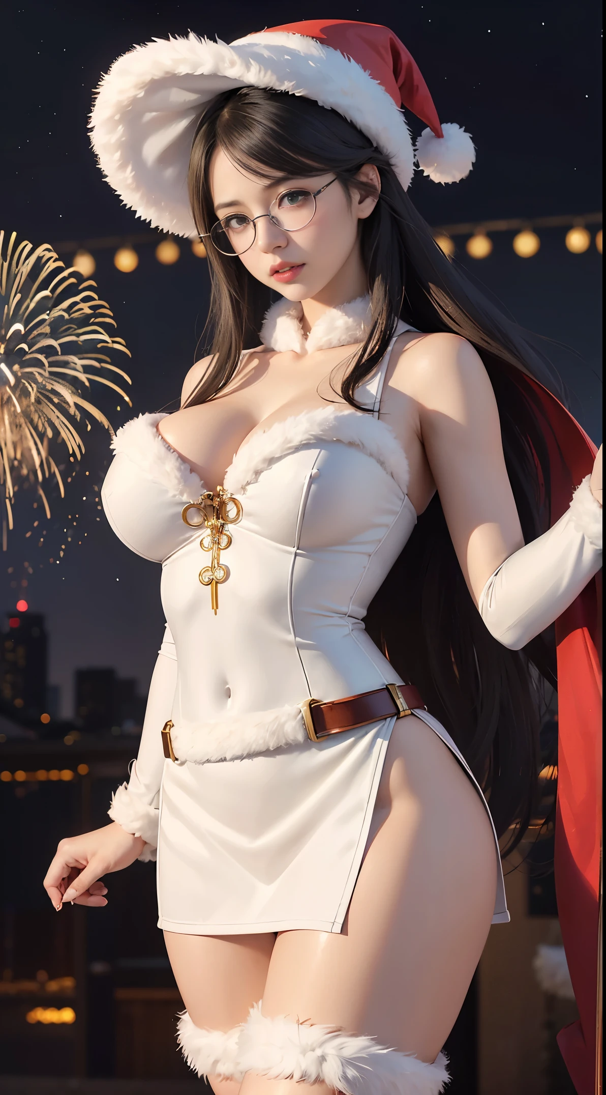 Fine、(The best illustrations)、8k UHD resolution、intricate-detail、top-quality、realisitic、ultra-detailliert、The best lighting、Best Shadows、Soft lighting、Ulutra HD、Ultra-realistic、Tindall Effect、Photorealsitic、(High Detail Skins:1.2)、 (Intricate details, makeup, pureerosface_v1:0.5), (Detailed beautiful delicate face, Detailed beautiful delicate eyes, A perfectly proportioned face, High detailed skin, Detailed skin, best ratio four finger and one thumb, arms below breasts, Tattoo with a red glow under the stomach、Awesome awesome, wide hips, smooth midriff, skiny and thin, __Fashion__, __hair__:1.25)、Digital SLR、 absurd realistic work: 1.3), (max resolution: 1.2), (Ultra HDTV: 1.2), cinematric light, Detailed eyes and skin, detailed facial features, , (Sharp Focus: 1.2), (Focus on Face:1.2),Perfect Style, Beautiful face, acurate, Anatomically correct, ノ Highly detailed facial and skin texture, Detailed eyes, Double eyelids, Thin eyebrows, Glitter Eyeliner: 1 Natural cheeks, Glossy skin, Fair skin: 1.2, (Glossy lips: 1.4),(Shy look: 1.2),Highly detailed facial and skin texture, Detailed eyes, Double eyelids, Natural cheeks, shiny lips: 1.4,Exposed cleavage、Bewitching。a 、Seductive、Chest emphasis、(((( Otaku Glasses, thick glasses, Round glasses)))),The long-haired、Braid hair、poneyTail, huge solemn expression、Body Up、Big breasts emphasis, Super tight breasts, Breast augmentation surgery, The breasts are very big and round and round,Toned waist、 Meet beautiful girls, Look at the girl's body, In the Dark、Bat Wings,、(Devil's Tail)、(詳細な不気味なBackground with:0.8)、Long grey hair,emits eerie demonic flames,Contour light,green flash particles, magia、火炎magia、Flares up violently、swirling explosion, angelic halo, golden and orange spark dazzling around, Dramatic composition details), radiant light, Powerful light area, (magiaのシンボルが鎧に輝きます:1.3), (magiaの魔力が彼女の周囲に渦巻いていた:1.3), white hair、(intense expression:1.1), (Its light is、Highlighting her dominance and rebirth behind the scenes:1.4), (Wisdom and Rebirth:1.2), (Strong stance:1.2), (Overwhelming mystical power:1.2), (Sparkling sweat:1.1),(The contrast between silver and gold:1.3),elegant glitter dark&mysterious version, Super beautiful glowing eyes、Looking at the snow-covered amusement park, Young woman in Santa Claus costume standing with legs apart, huge stunning goddess shot, goddess of Japan, the extremely hot and sexy, powerful and huge, jaw dropping beauty, goddess of Japan, very Bigger breasts, Big ass, ((Santa Claus miniskirt costume and hat)), (Wearing:red mini dress trimmed with white fur, Thick black belt, Long Red Leather Boots), (thigh visible), (lean forward and look at you), (Fireworks go off at the amusement park at night), In the snow, (なBackground with: Night city decorated with Christmas illuminations), Animal characters are dancing in the background, suit with white fur trim), (Black Mini Skirt White Fur Trim), (Santa's Red Hat) With white pompons, Gold belt with large buckle, (Red boots), (cowboy shot:1.4), Perfect fit, depth of fields、Perfect image realism, Background with:((Secret Room of the Members Club))、綿密なBackground with, detailed costume,
