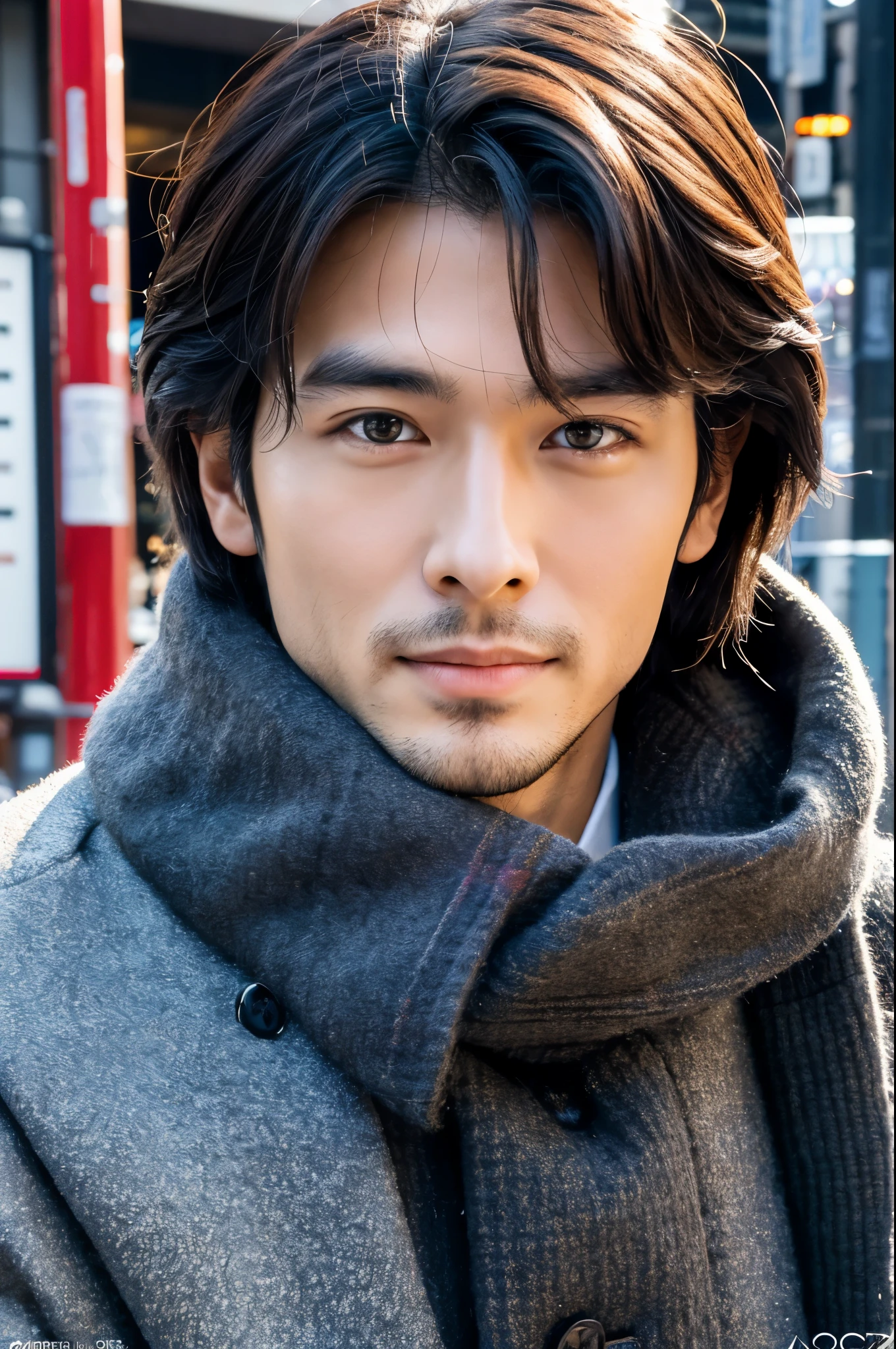 Photorealsitic, 8K full body poster, a handsome, japanes, a 25-year-old man, A charming expression, detailed face details, TOKYOcty, Winters, Shibuya in the background