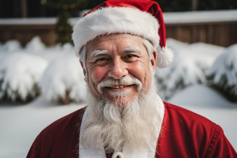 front view portrait of traditional santa claus smiling at the camera resting his head on his arms with the