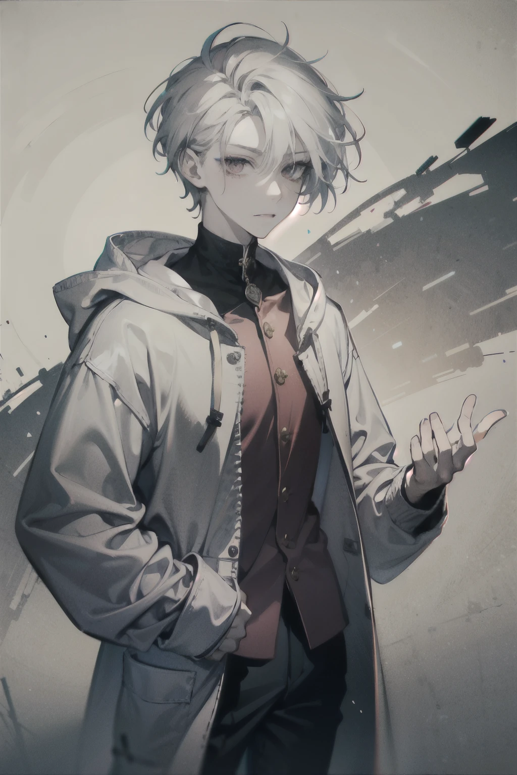 boy, with red eyes and neutral expression, wearing a white hoodie, short hair, pale skin and white hair, on a gray background, looking directly at the viewer with his hands in his pockets.