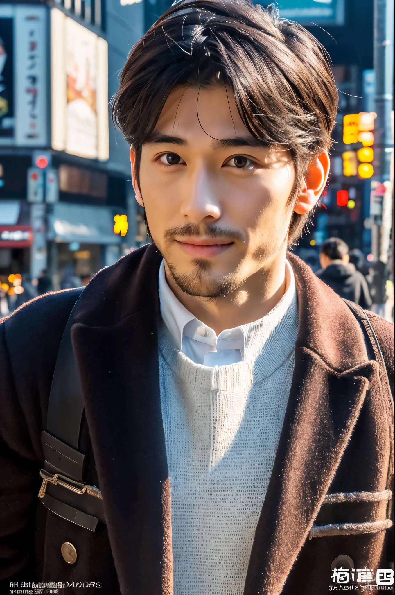 Photorealsitic, 8K full body poster, a handsome, japanes, a 25-year-old man, A charming expression, detailed face details, TOKYOcty, Winters, Shibuya in the background