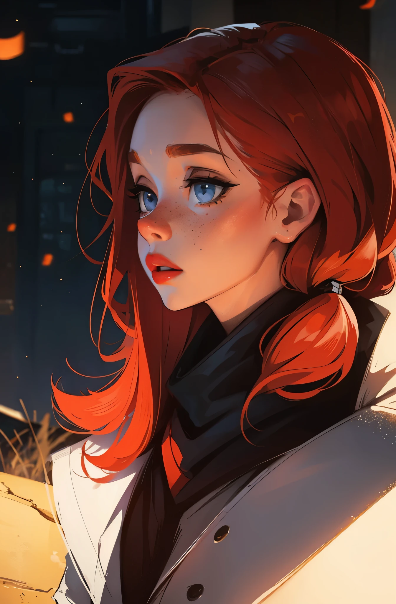 Ginger, ginger hair, freckles, freckles on forehead, freckles on cheeks, blue icy eyes, red lips