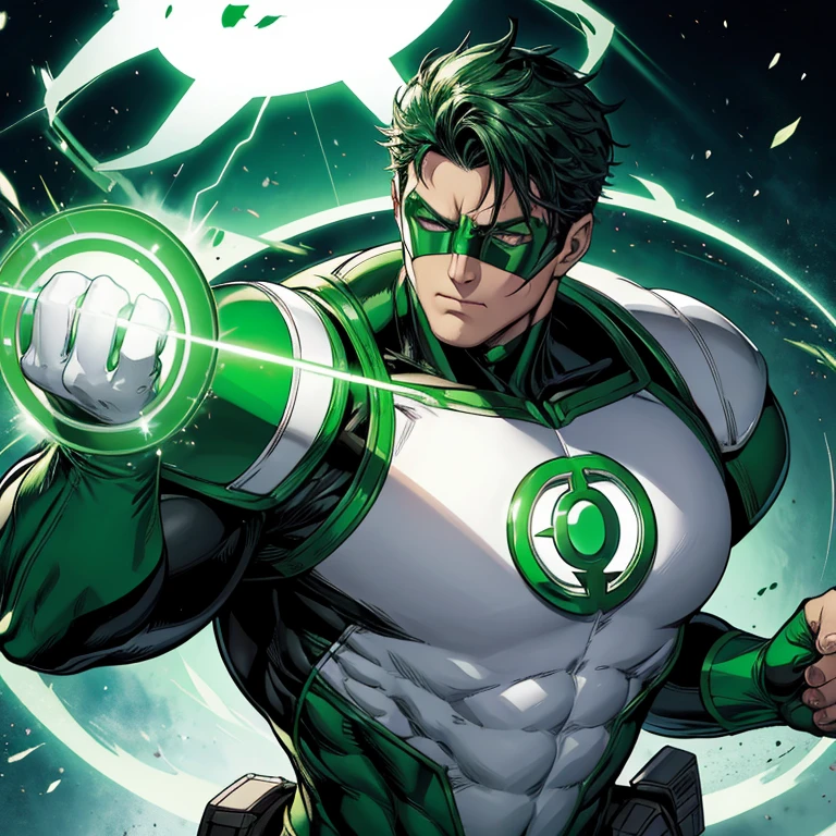 Green lantern, dc comics, green eyemask, white grove, black bodysuit, green armor, green armor, wears a green ring on the middle finger of his right hand.