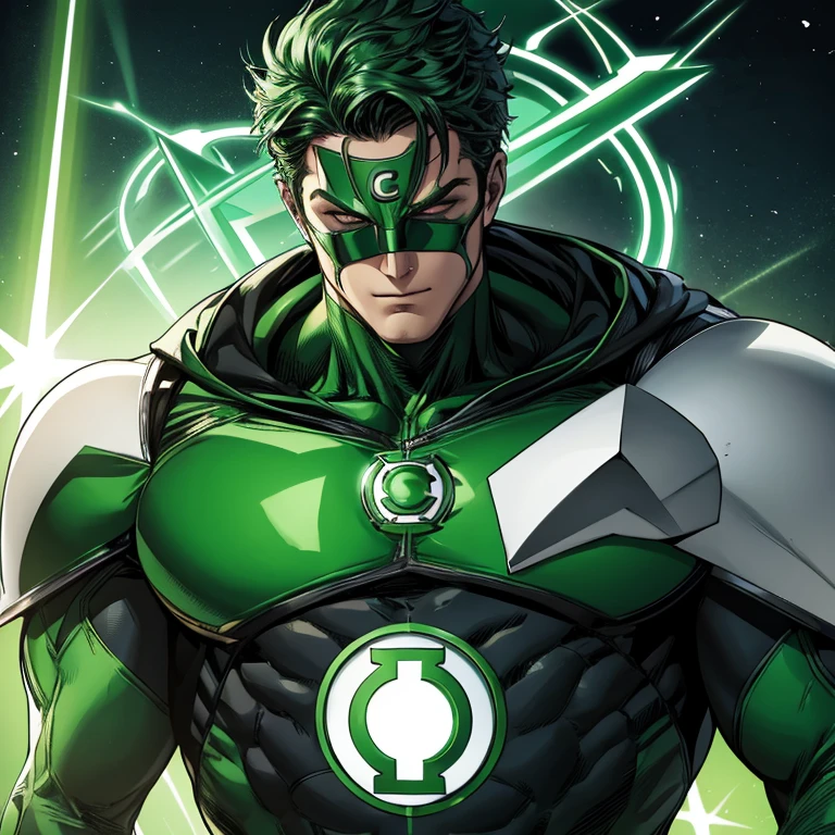Green lantern, dc comics, green eyemask, white grove, black bodysuit, green armor, green armor, wears a green ring on the middle finger of his right hand.
