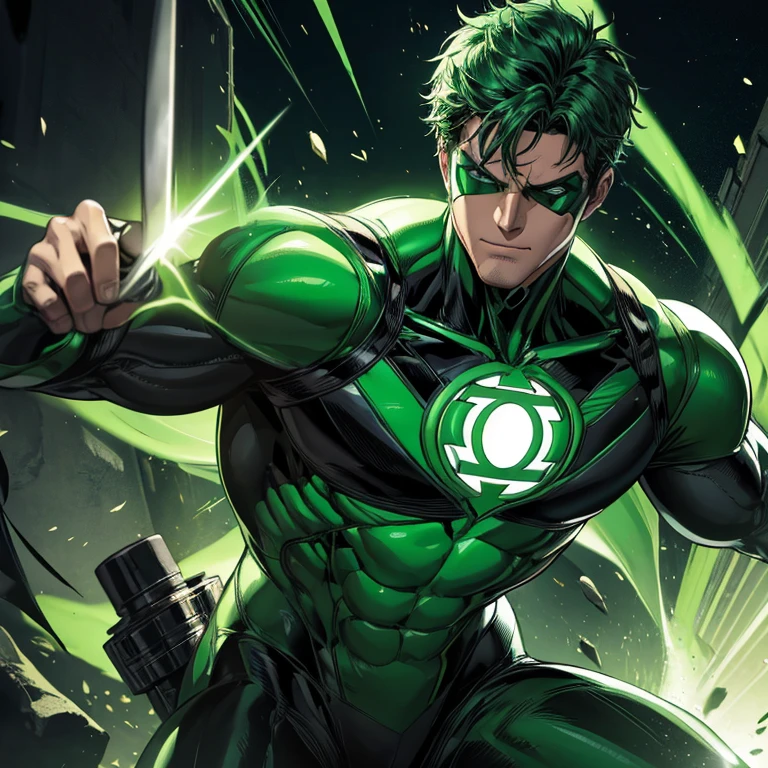 Green lantern, dc comics, green eyemask, white grove, black bodysuit, green armor, green armor, wears a green ring on the middle finger of his right hand.