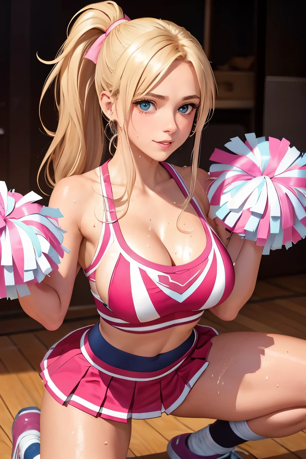 18 year old smiling cheerleader, gorgeous, fit body, skinny body, (beautiful breasts:1.2), (kneeling), horny, blonde hair, hair in a ponytail, (glossy pink lips), (torn shredded ripped cheerleading uniform:1.2), (detailed face and eyes), (sweaty:1.3), real anatomy, (best quality), (deep cleavage), (huge breasts), (under breasts).