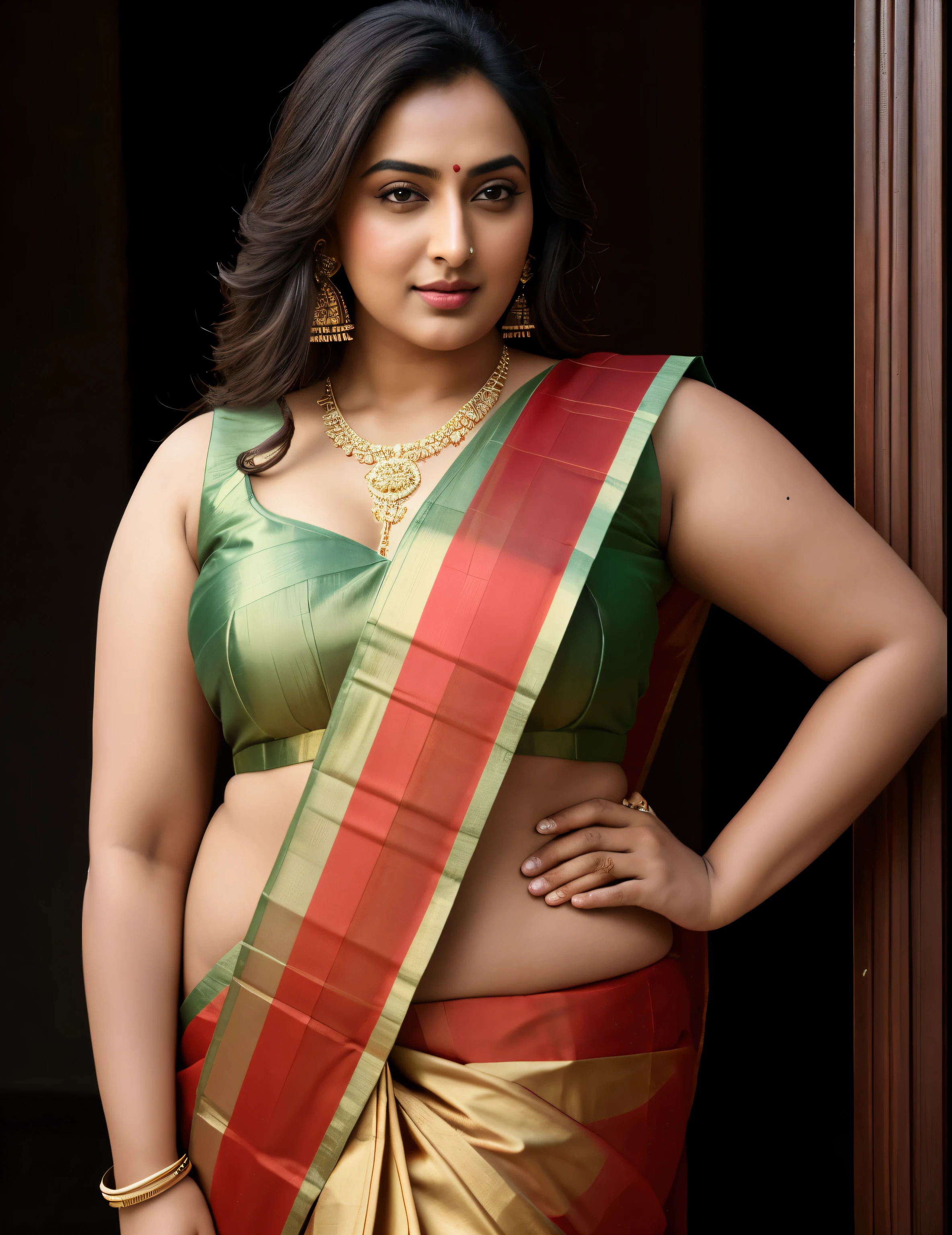 Foto RAW, photorealistic, photography, full body shot, master shot, perfect eyes, goddess like beauty, perfect thick chubby mallu Desi aunty bhabhi, Wearing a Stanapatta, a chest-band.Saree model, model Photography, Indian saree shoot, Indian traditional wear advertising photography, traditional wear brand shoot, face of Indian actress Sonakshi Sinha, masterpiece, realistic, realism, incredible details, pleasure, photorealism, detailed skin, skin pores, high contrast, photorealistic Artstation 8k HD digital art trend of high definition and detailed realistic skin texture, ultra detail, realistic skin texture, armature, best quality, ultra high definition, (photorealistic:1.4),, high resolution, detail, raw photo, Re sharp, by Lee Jefferies Nikon D850 Film Stock Photo 4 Kodak Portra 400 Camera F1.6 Lens Rich Color Ultra Real Realistic Realistic Textures Dramatic Lighting Unreal Engine Trending at Art Station Cinestill 800,(pele altamente detalhada: 1.2), 8k UHD, DSLR, soft-lighting, alta qualidade, grain of film, Fujifilm XT3,she didn't like to wear blouse or bra, she happy to wear only saree, she hates blouse or bra, detailed hairy armpits,