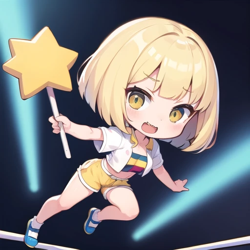 Chibi、cute female professional wrestler、a blond、bob cuts、white costume with yellow stripes、Shorts that show the base of your legs、