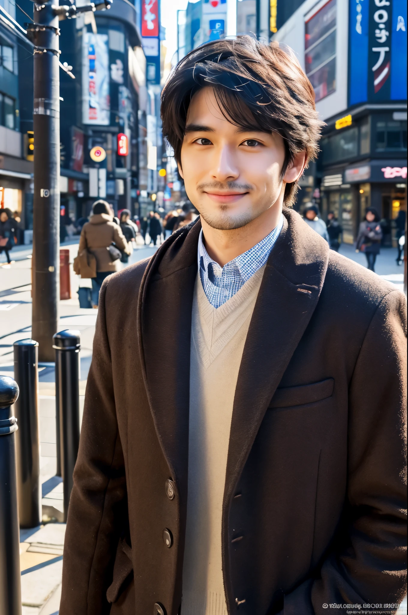Photorealsitic, 8K full body poster, a handsome, japanes, a 25-year-old man, A charming expression, detailed face details, TOKYOcty, Winters, Shibuya in the background