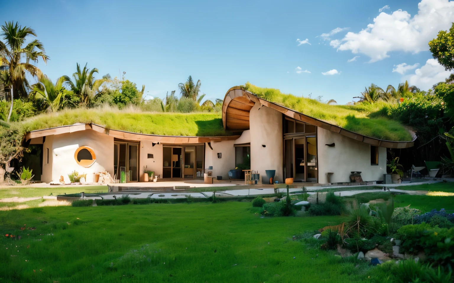 A photograph of a symmetrical contemporary house with (((one hyperbolic paraboloid green roof))) and (((biological pool))) and ((base wall foundation)) in a tropical backyard, mustard yellow terracota plaster walls (((rustic clay stucco))), ((corner walls rounded)), ((rustic clay plaster)), (((terracotta walls with rounded corners, organic curves and squared))), (((rustic earth plaster, mud))), (((hyperbolic-shaped green roof with wooden edge))), (((wooden roof structure, wooden rake, wooden fascia board))), eaves, ((roof with wooden structure)), In Bahia (((tropical garden))), ((natural houses, organic buildings, organic architecture)), ecovillage, sustainable architecture, bioconstruction architecture, solarpunk architecture, (((grass roof, green roof, green wave roof, rounded roof, vegetated roofs))), (((rock base foundation wall, foundation height 30cm, stone base wall 30cm high))), ((green architecture)), passive house, clear sky in the background, painful beauty, modern, imposing, green house, ((Bali hobbit Hadid Style)), super resolution, cinematic, color grading, editorial photography, photography, photo shoot, (((dramatic front eye top angle view))), O 50mm, depth of field, intricate details, natural colors, sharp focus, warm light, shutter speed 1/1000, F/22, White Balance, Ray Trace Reflections, Lumen Reflections, Screen Space Reflections, Diffraction Rating, Chromatic Aberration, GB Shift, Partial Lighting, Backlighting, Daylighting, Scan Lines, ambient occlusion, antialiasing, shaders, OpenGL-Shaders, GLSL-Shaders, Post-processing, post-production, shading, tone mapping, incredibly detailed and complex, hypermaximalist, elegant, hyperrealistic, super detailed, dynamic pose, Fujifilm XT