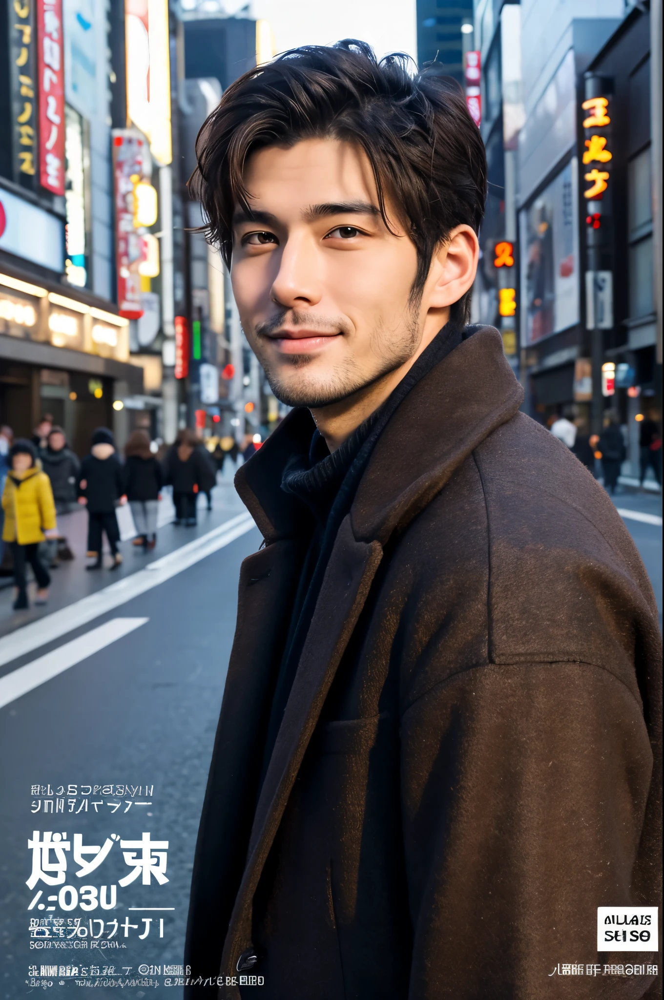 Photorealsitic, 8K full body poster, a handsome, japanes, a 25-year-old man, A charming expression, detailed face details, TOKYOcty, Winters, Shibuya in the background