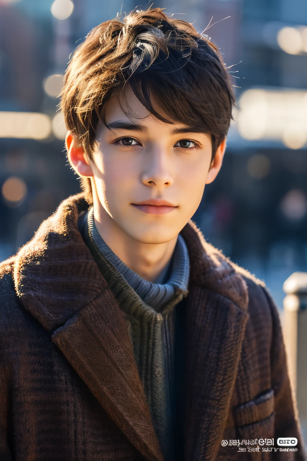 Photorealsitic, 8K full body poster, Beautiful Boys, An 18-year-old man, A charming expression, detailed face details, TOKYOcty, Winters, Shibuya in the background