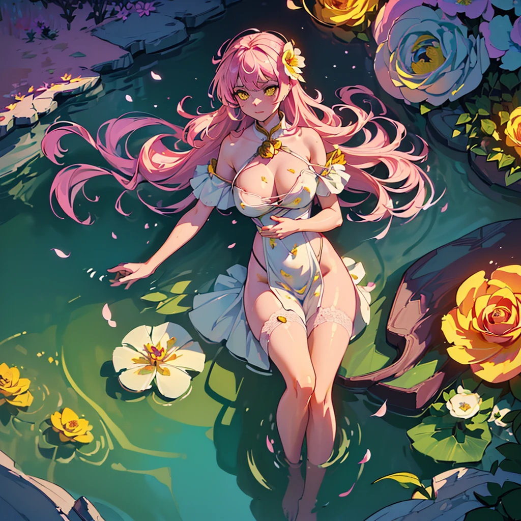 ((Finest quality)),(超A high resolution),(Ultra-detailed細),(Meticulous portrayal),((the most picturesque works of art),Ultra-Precision Art,The art of astounding depiction,Fantasyart:1.5, ((((Beautiful flowers々:1.5))), ((Body eroded by flowers:1.3)),Glamorous body:1.3,fancy background effects、masterpiece、Fancy details、(NSFW 1.1), ((1girl in)), ((masutepiece)), ((Highly detailed:1.3)), In crystal clear water,beautiful woman entering the lake, ((long yellow hair)), Wet hair, Wearing a light transparent dress, clothed bathing, steam, (Rose petals floating in water:1.3), Early morning light, Ivory Gold AI, windows, Crepscular lighting, 、Lace sheer underwear、very very gigantic boobs、Pink nipples、pink areolae,透けて見えるPink nipples、透明なpink areolae、lace and string shorts.、princess carry,Sexy lingerie with lace and strings,See-through sexy lingerie,Transparent lingerie、translucent dress、pearlsescent、pearls、Sexy Harness、Sexy garter belt、Sexy Stockings、Well equipped,intimate, rose garden、Multicolored roses、lake with floating roses、Lying down、Open legs、Spread your legs、Open thighs、Immersion in water、Wet body、splash water、gorgeous flower decoration、big flowers、stylish hair、Moon, lantern, Night, Solo, playing in the water, Water, hair flower, flower, Outdoors, skyporn, full Moon, Rain, lantern, wet clothes, skyporn, wet hair (((masutepiece),(the Extremely Detailed CG Unity 8K Wallpapers),Best Quality,Cinematic lighting,Detailed background,Beautiful detailed eyes,Bright pupils, (extremely delicate and beautiful),(Beautiful and detailed eyes description), Ultra-detailed,masutepiece,)),((Yellow eyes))、