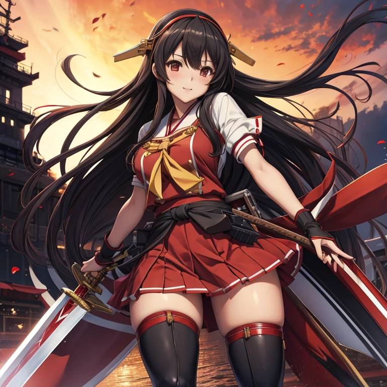 haruna(kancolle),Miko dress, red mini-skirt, long black boots,black long hair,rigging,has a sword at his waist.
