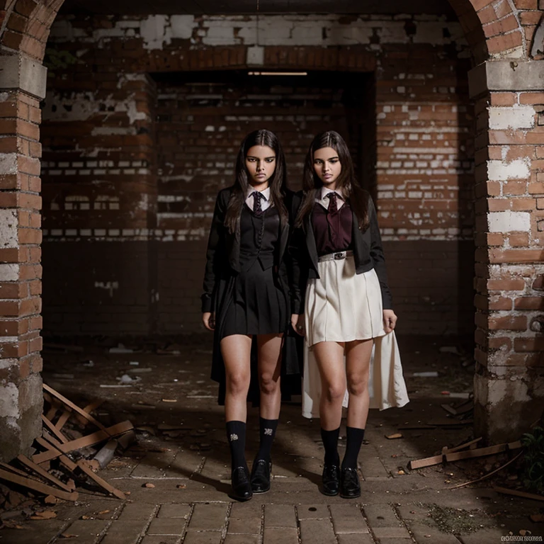 Dos mujeres con vestidos de colegiala sexys fotos goticas, fotos sexys, with hands back background in a place with bricks, a gloomy and abandoned place