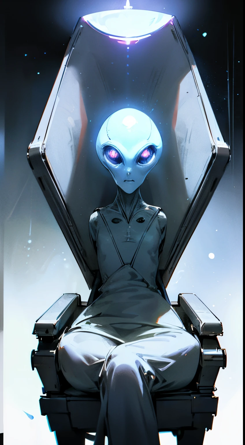 realistic photo best quality possible alien spaceship interior bright lights and blazing white neon, alien technology, a command throne, Grey alien, full black eyes, sitting on the throne, holographic screen showing planet earth