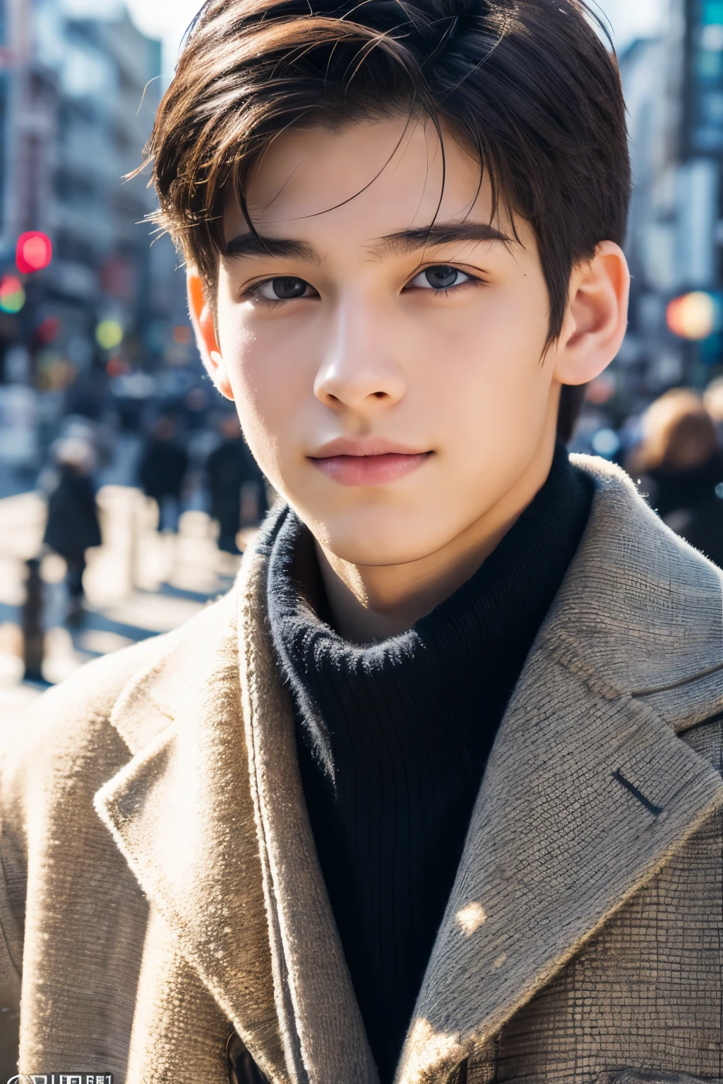 Photorealsitic, 8K full body poster, Beautiful Boys, An 18-year-old man, A charming expression, detailed face details, TOKYOcty, Winters, Shibuya in the background