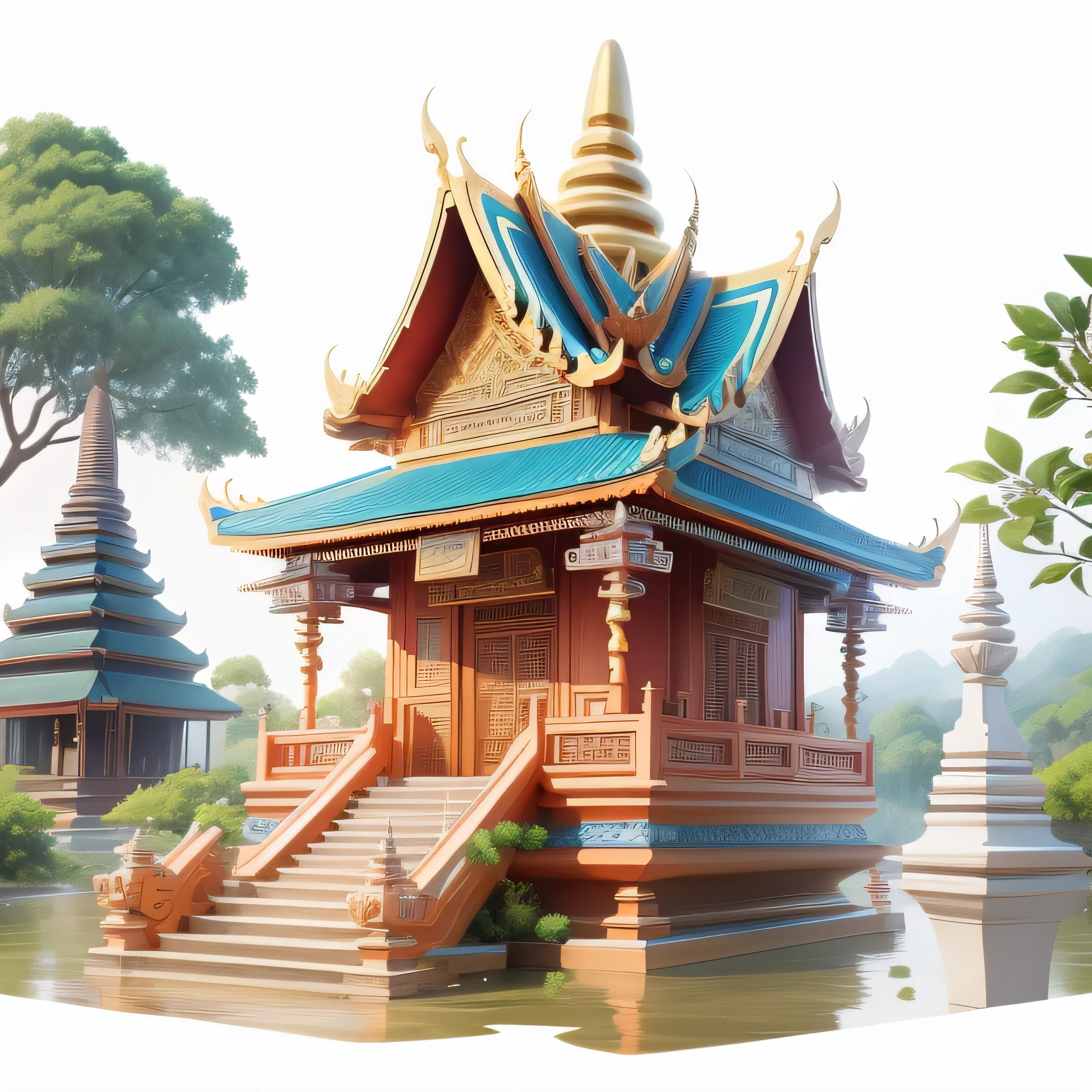 there is a small building with a blue roof and steps, temple background, thai architecture, thailand art, digital painting of a pagoda, thai temple, background depicting a temple, buddhist architecture, a temple, palace background, temple, large temples, ancient temple, buddhist temple, beautiful detailed illustration, full color illustration, water temple, thailand, highly detailed illustration.”, floating palaceHD, (best detail), (best quality), cartoon, 3DMM,