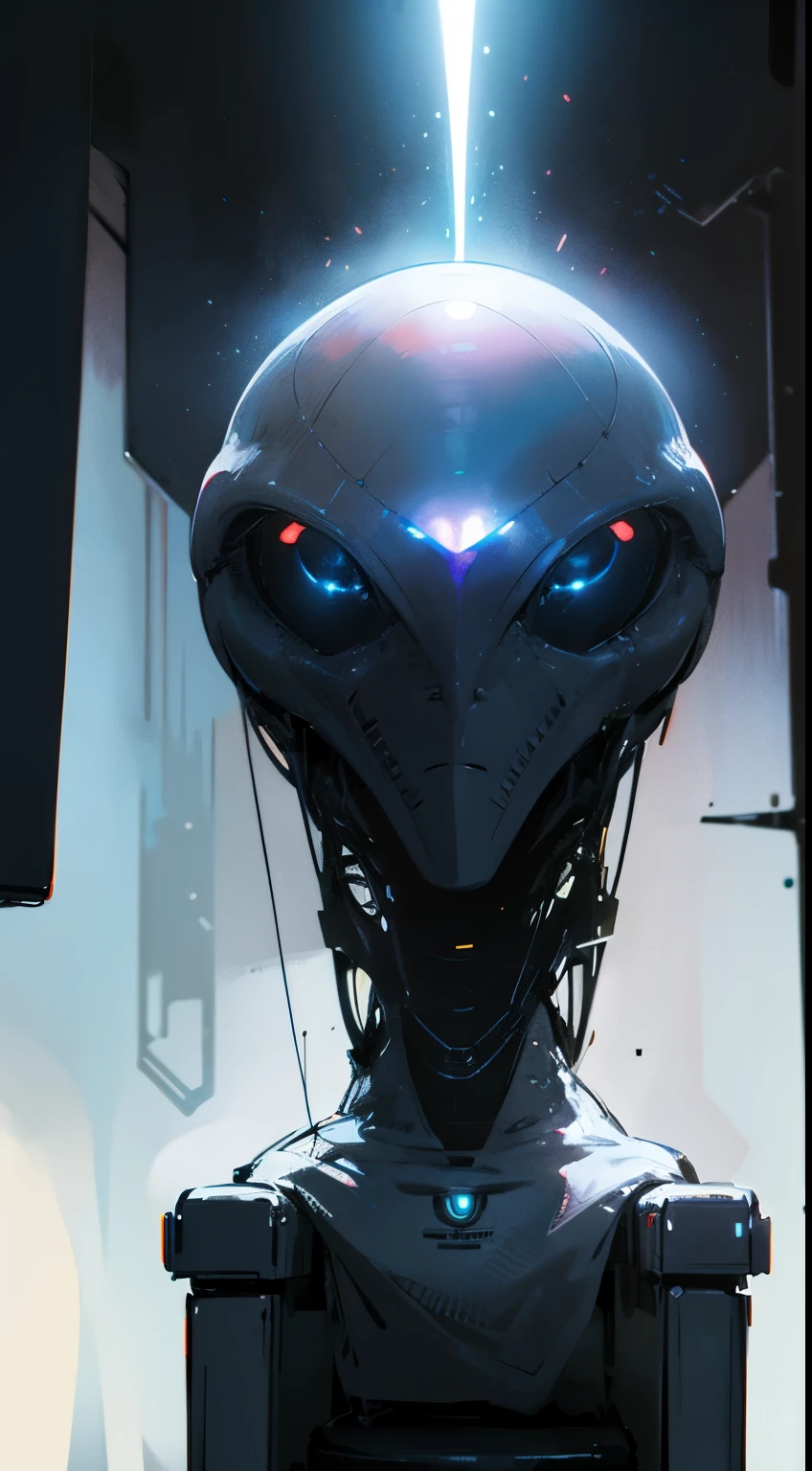 realistic photo best quality possible alien spaceship interior bright lights and blazing white neon, alien technology, a command throne, Grey alien, full black eyes, sitting on the throne, holographic screen showing planet earth